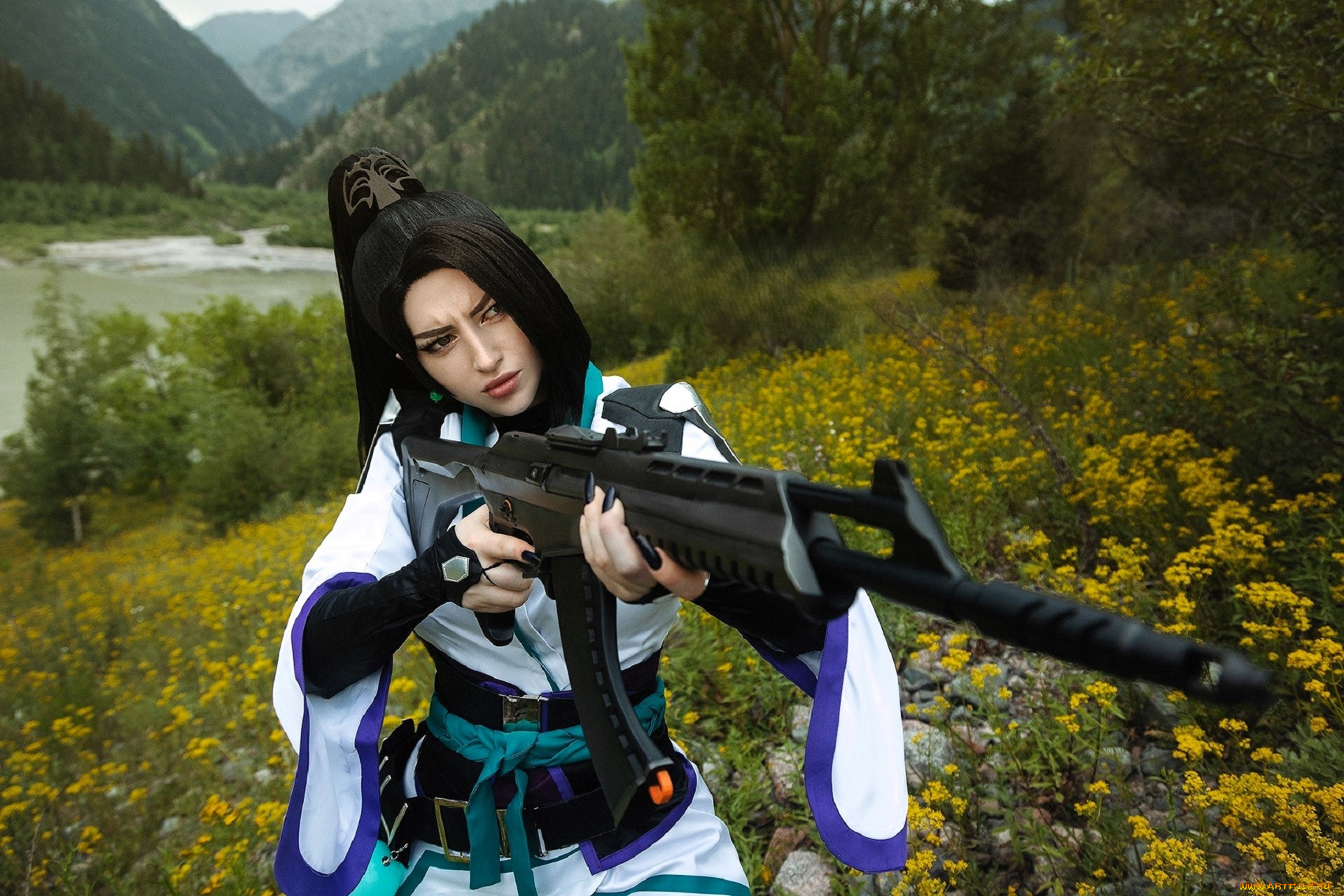 девушки, мария, давыдова, , lady, melamory, образ, косплей, наряд, оружие, цветы, луг, река, горы, лес