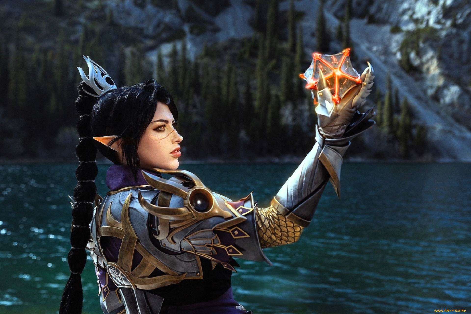 девушки, мария, давыдова, , lady, melamory, образ, косплей, коса, наряд, броня, кристалл, озеро, горы, деревья