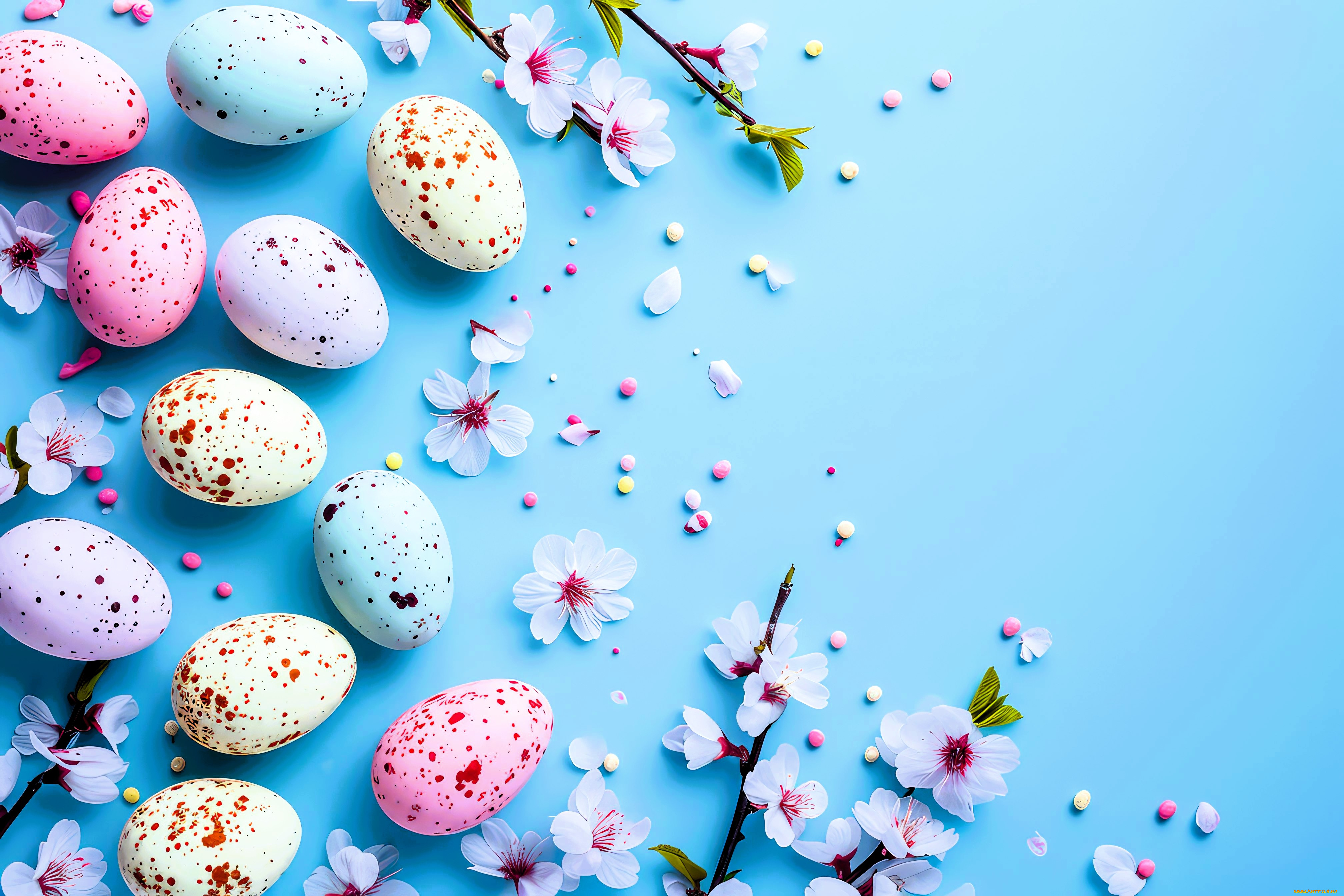 праздничные, пасха, яйца, ветки, цветы