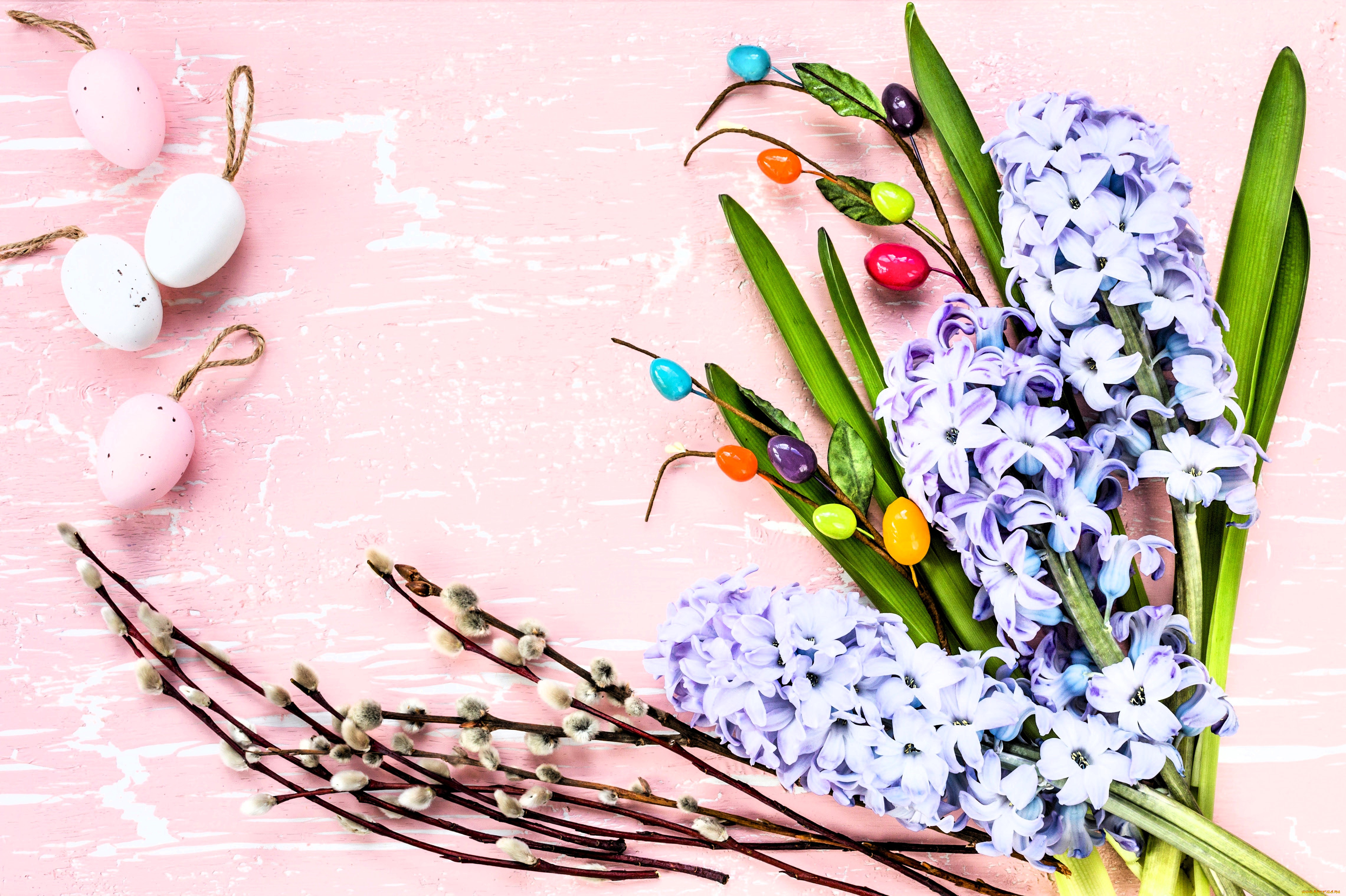праздничные, пасха, яйца, ветки, гиацинты, цветы, верба