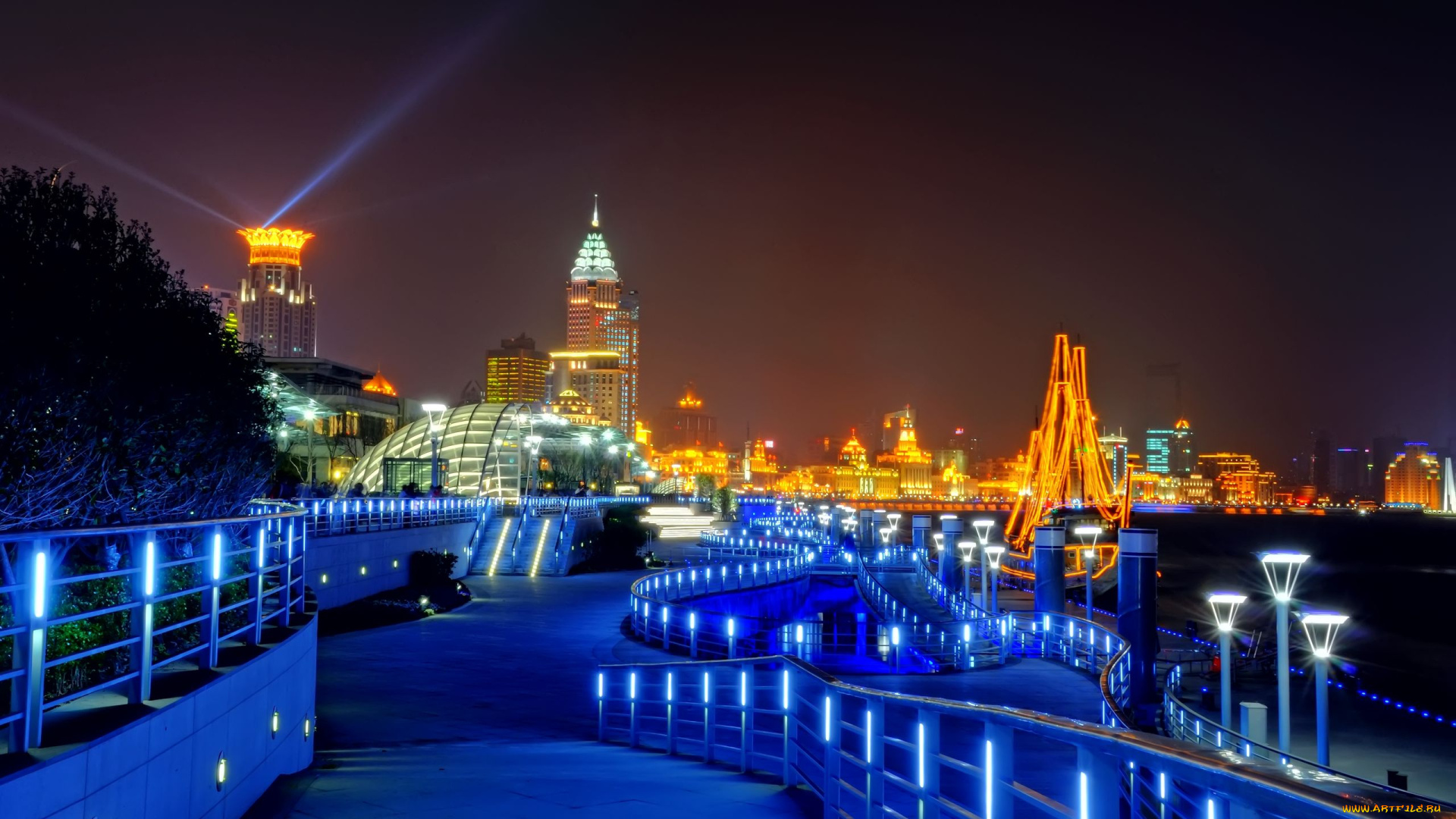 города, огни, ночного, yang, jia, du, shanghai