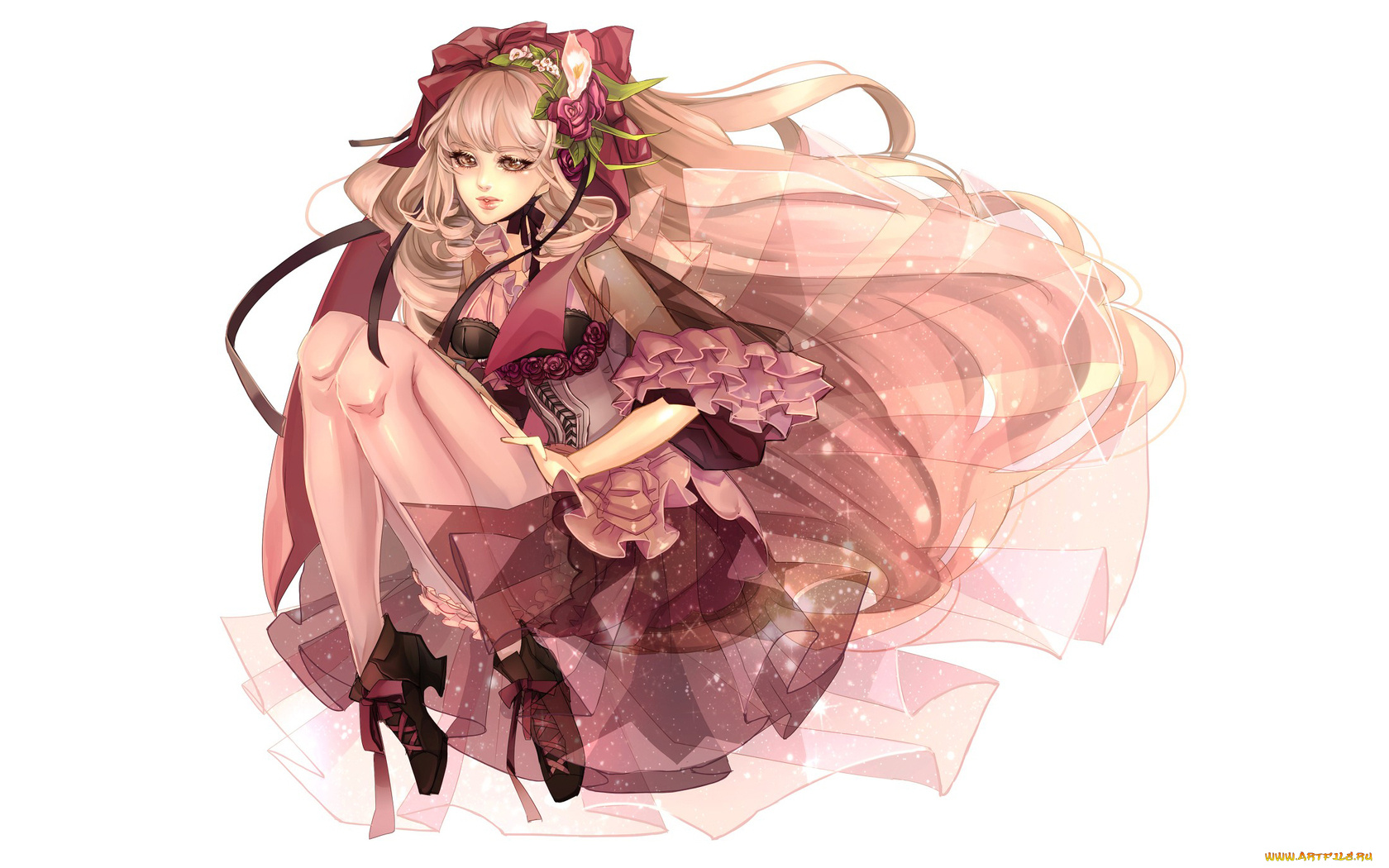 аниме, *unknown, другое, цветы, розы, девушка, корсет, блестки, белый, фон