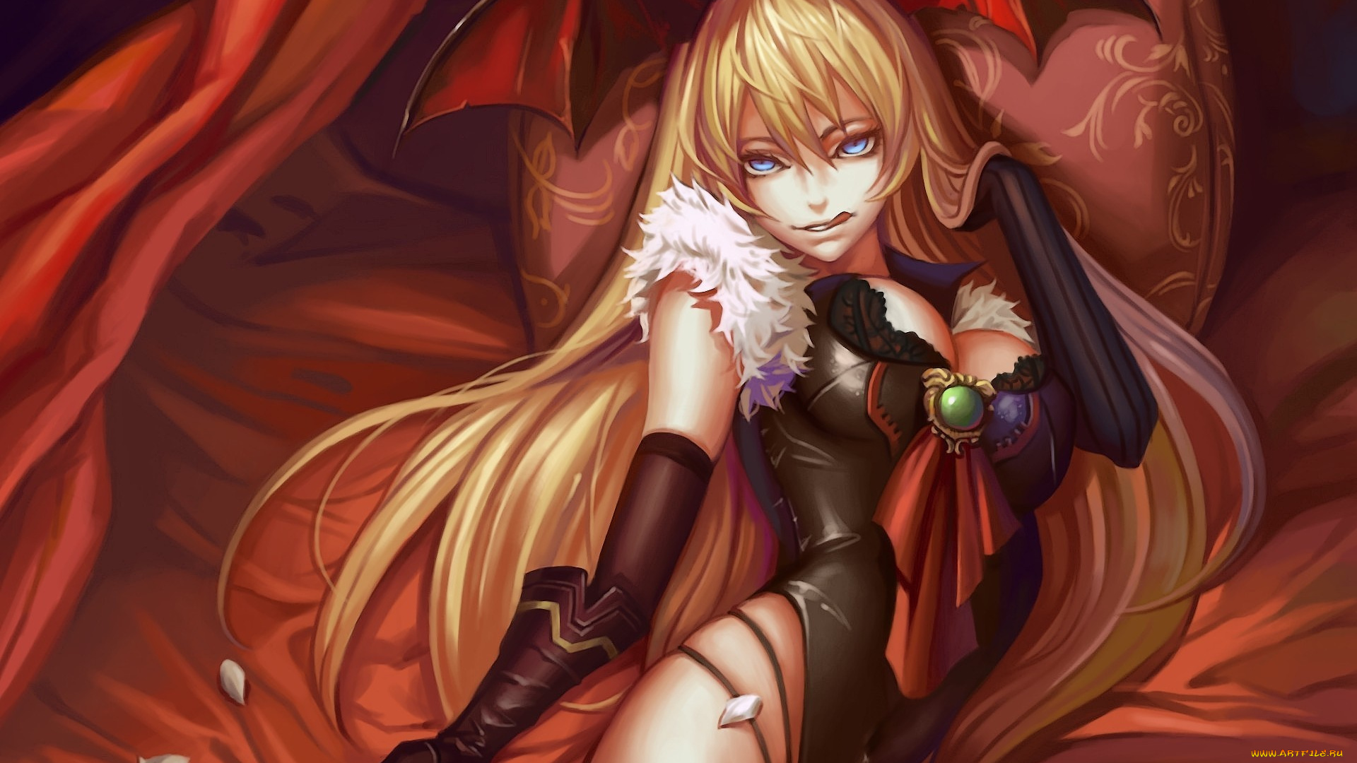 аниме, angels, demons, dantewontdie, morrigan, демоница, крылья, подушка, постель