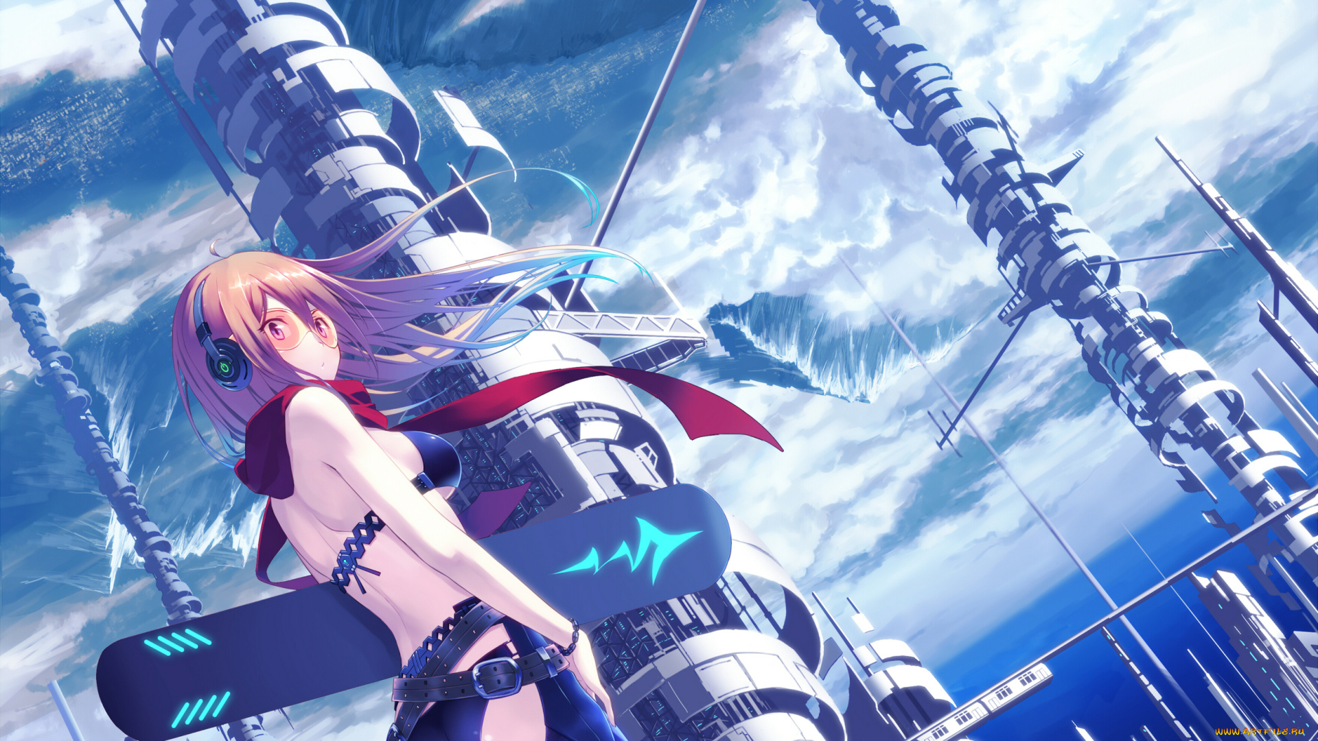 аниме, headphones, instrumental, доска, девушка, небо, башни, наушники, очки