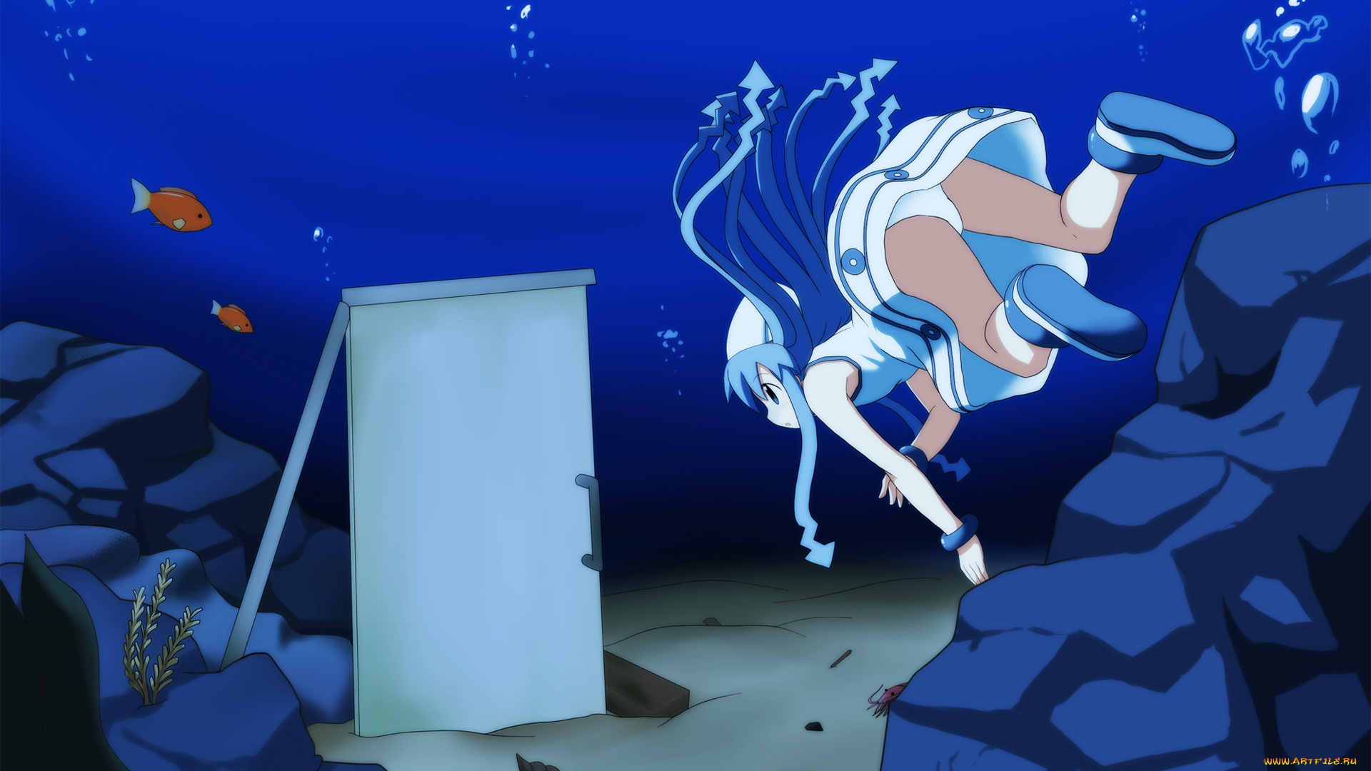 аниме, shinryaku, ika, musume, девушка, вода, камни, водоросли, дно