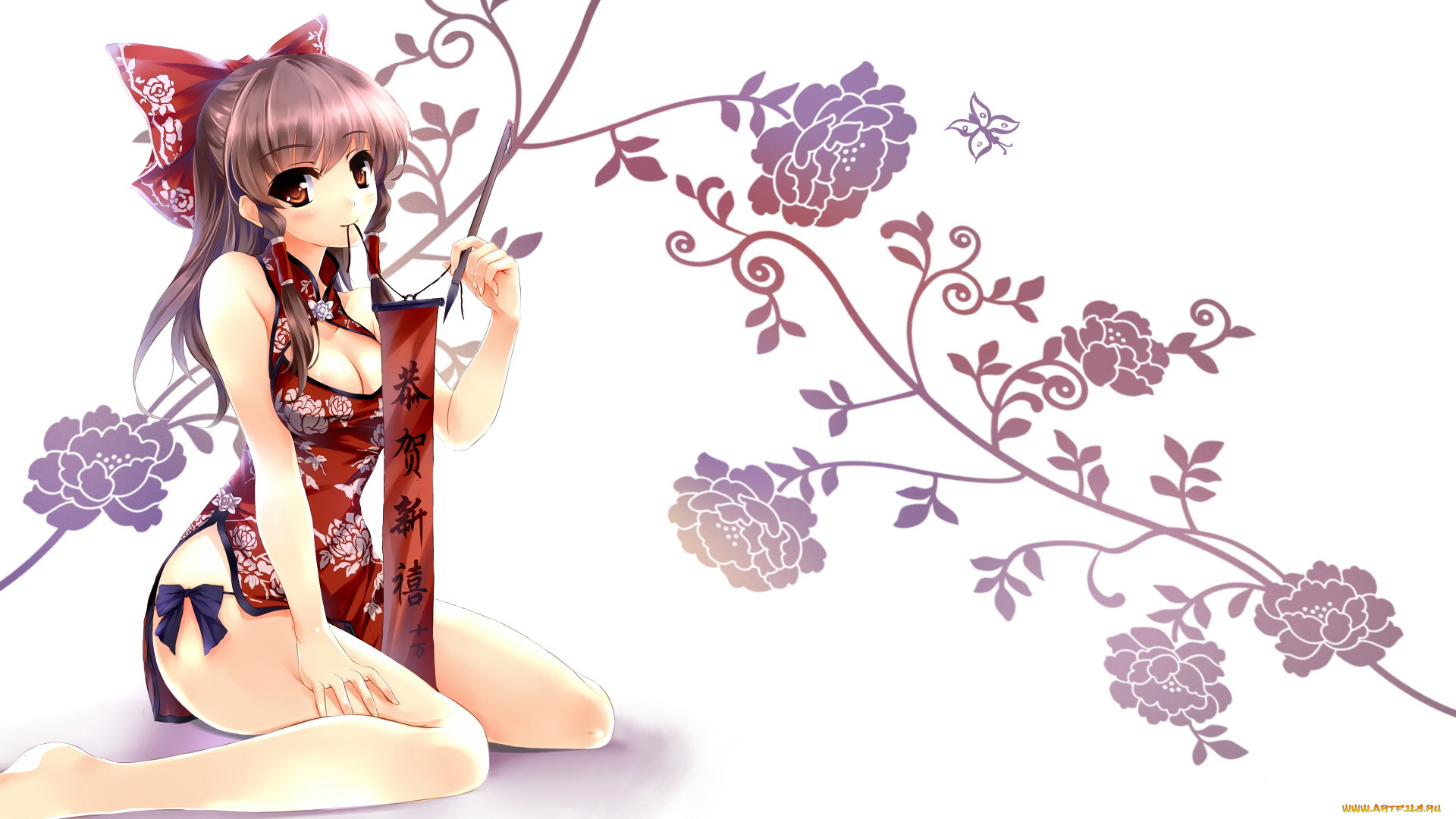 аниме, touhou, бантик, узор, цветы, девушка