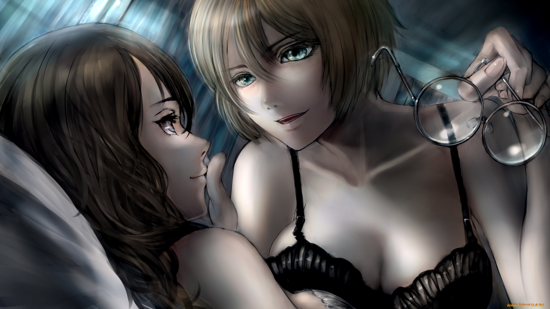 аниме, *unknown, другое, нежность, очки, грудь, взгляд, ситуация, постель, девушки