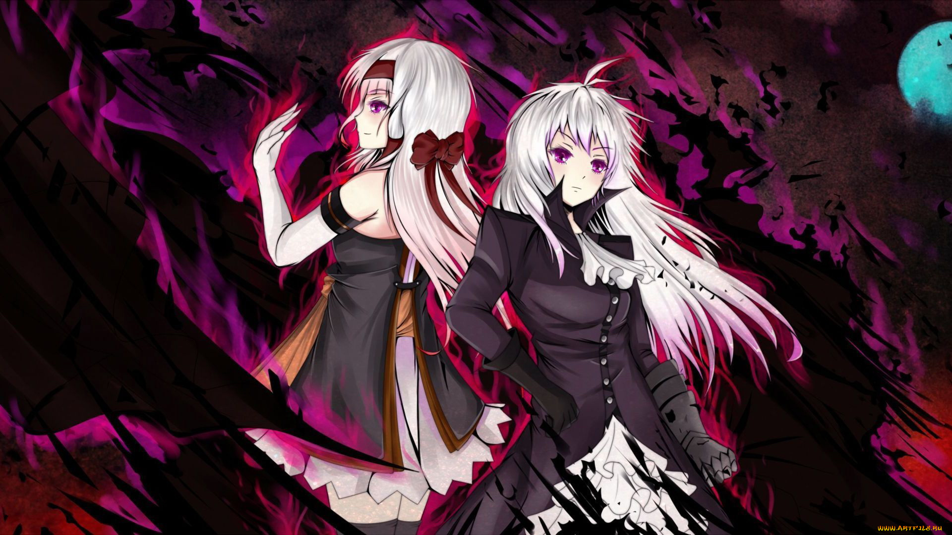 аниме, weapon, blood, technology, девушки, волосы, луна, бантик