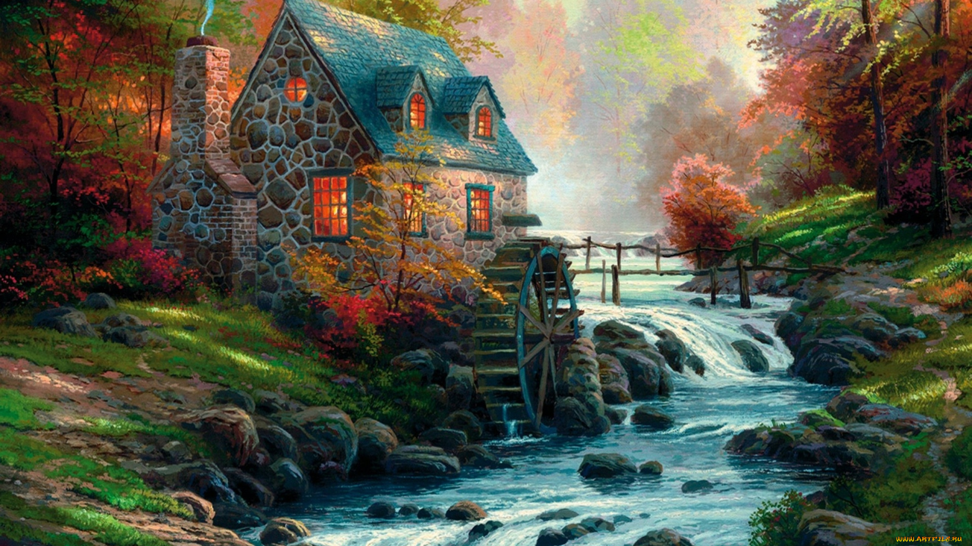 cobblestone, mill, рисованные, thomas, kinkade, morning, river, house, forest, fog