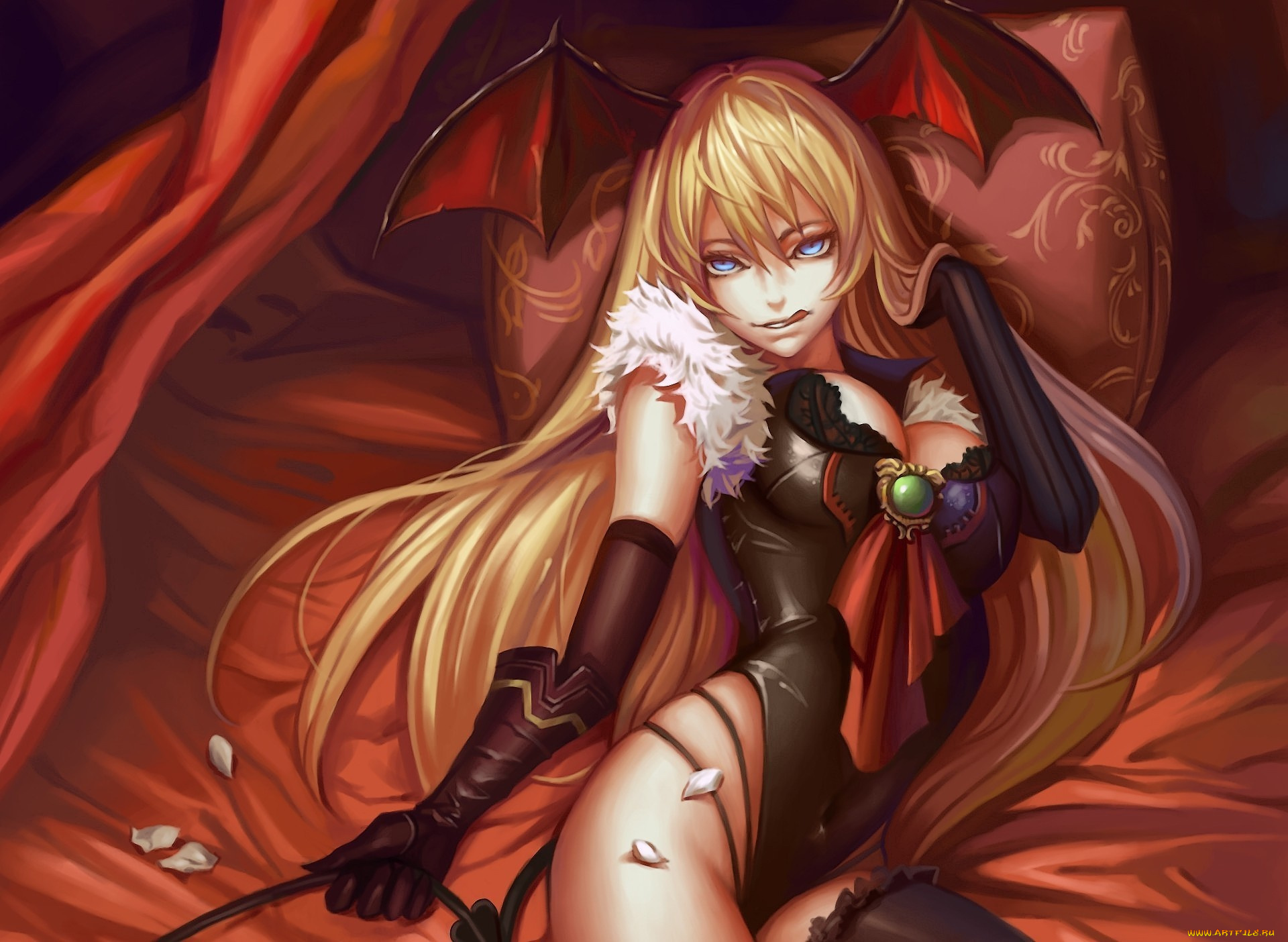 аниме, angels, demons, dantewontdie, morrigan, демоница, крылья, подушка, постель