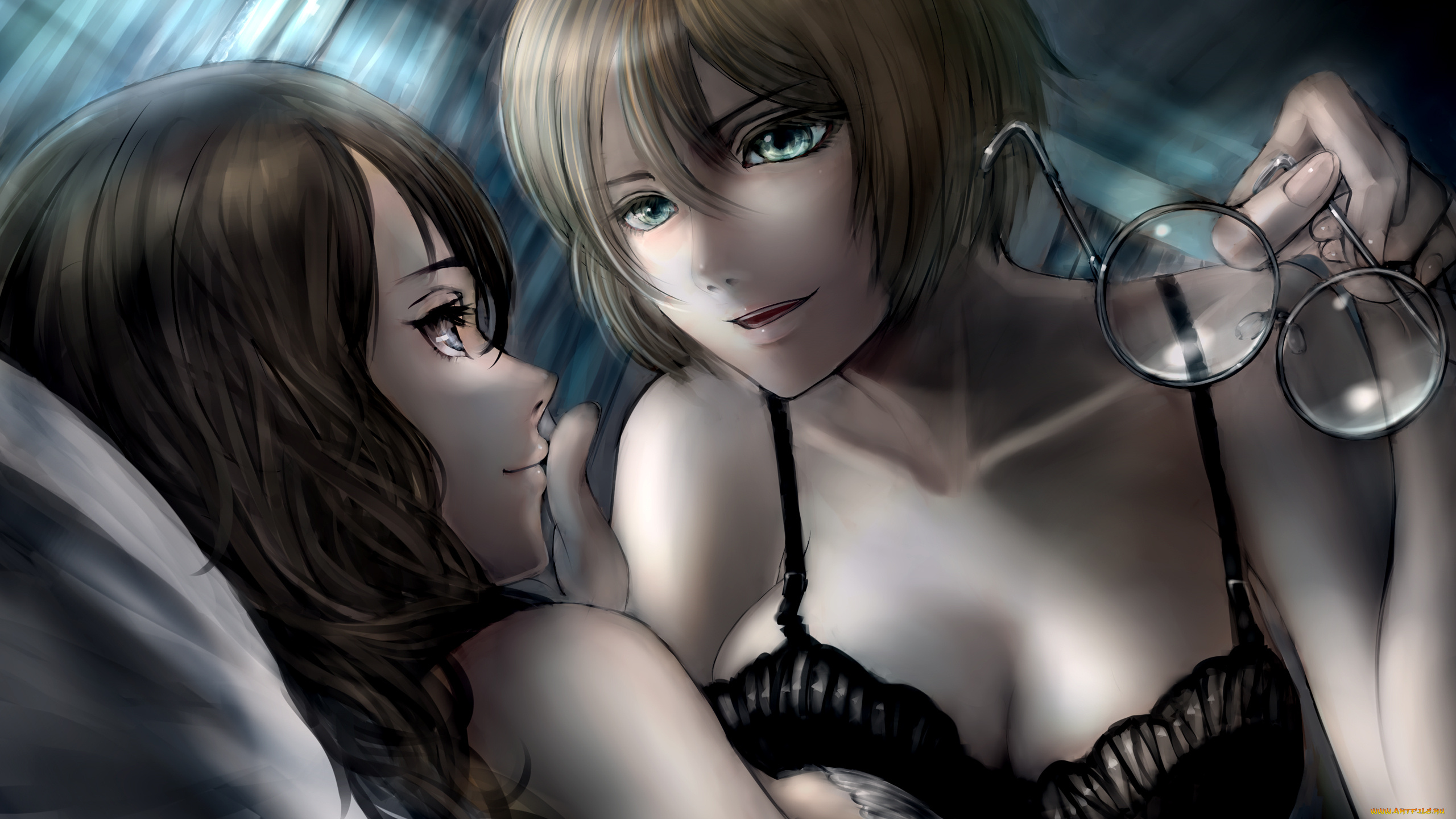 аниме, *unknown, другое, нежность, очки, грудь, взгляд, ситуация, постель, девушки