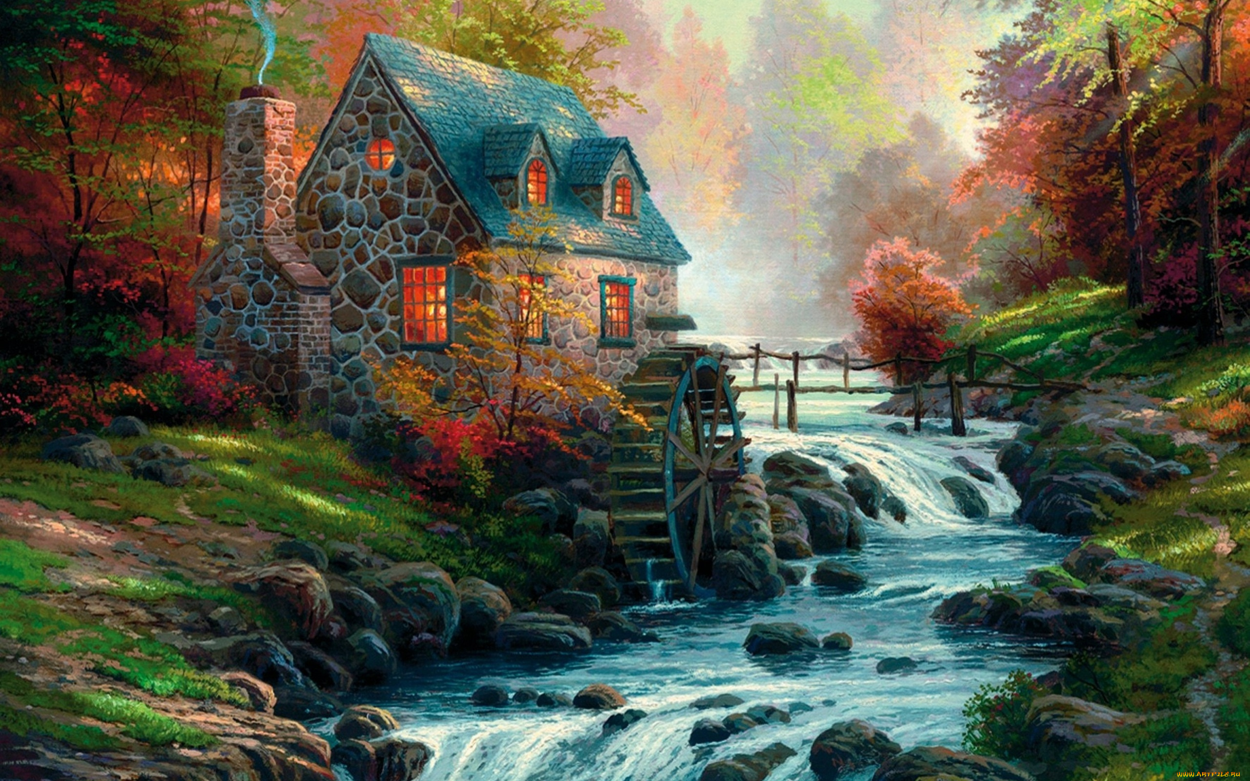 cobblestone, mill, рисованные, thomas, kinkade, morning, river, house, forest, fog