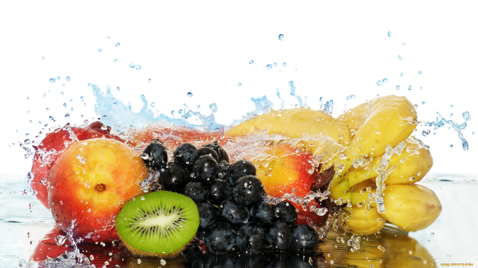 еда, фрукты, ягоды, бананы, персики, всплеск, вода, киви, виноград