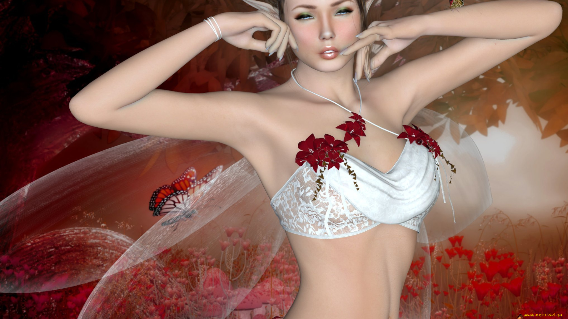 3д, графика, elves, , эльфы, крылья, цветы, эльфийка, взгляд