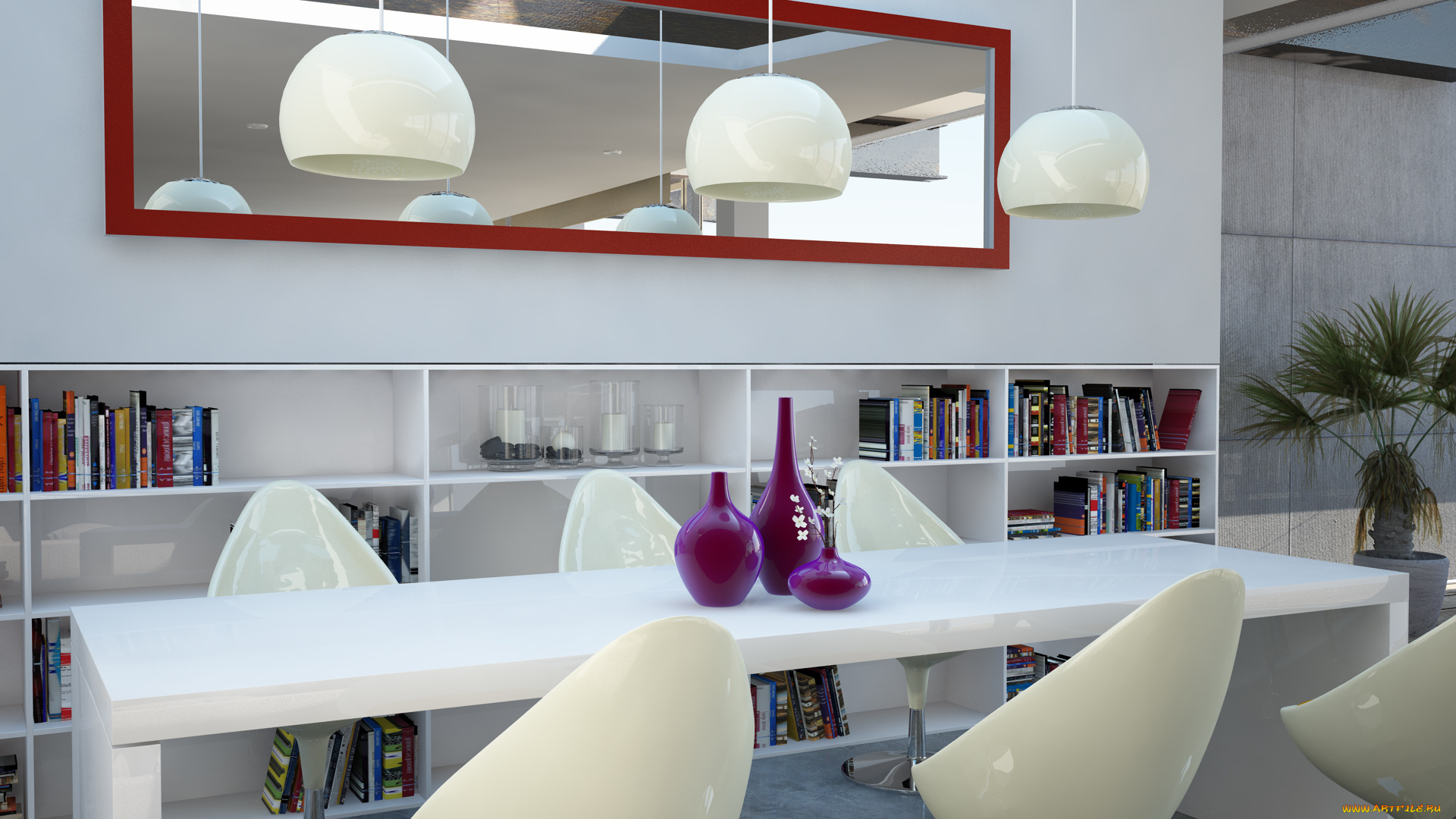 3д, графика, realism, , реализм, стулья, стол, книги, полки, вазы
