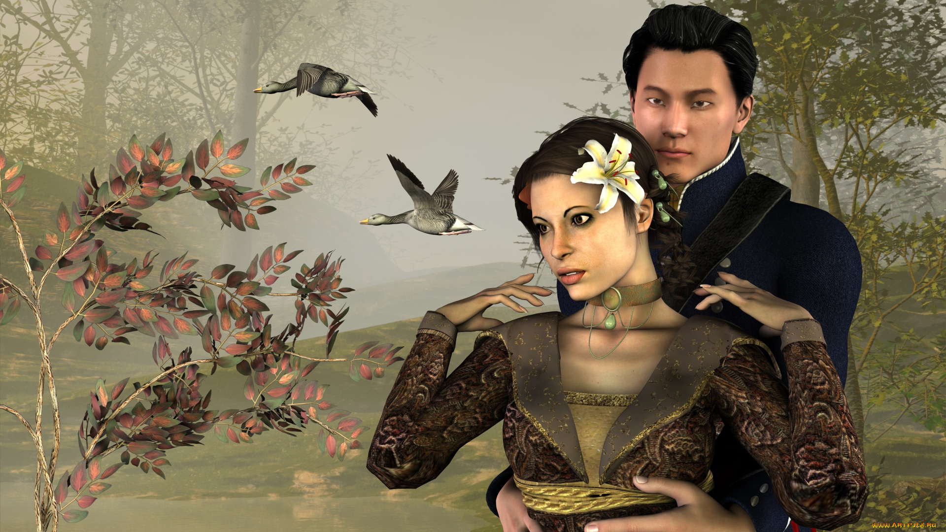 3д, графика, romance, гуси, парень, деревья, лилия, девушка