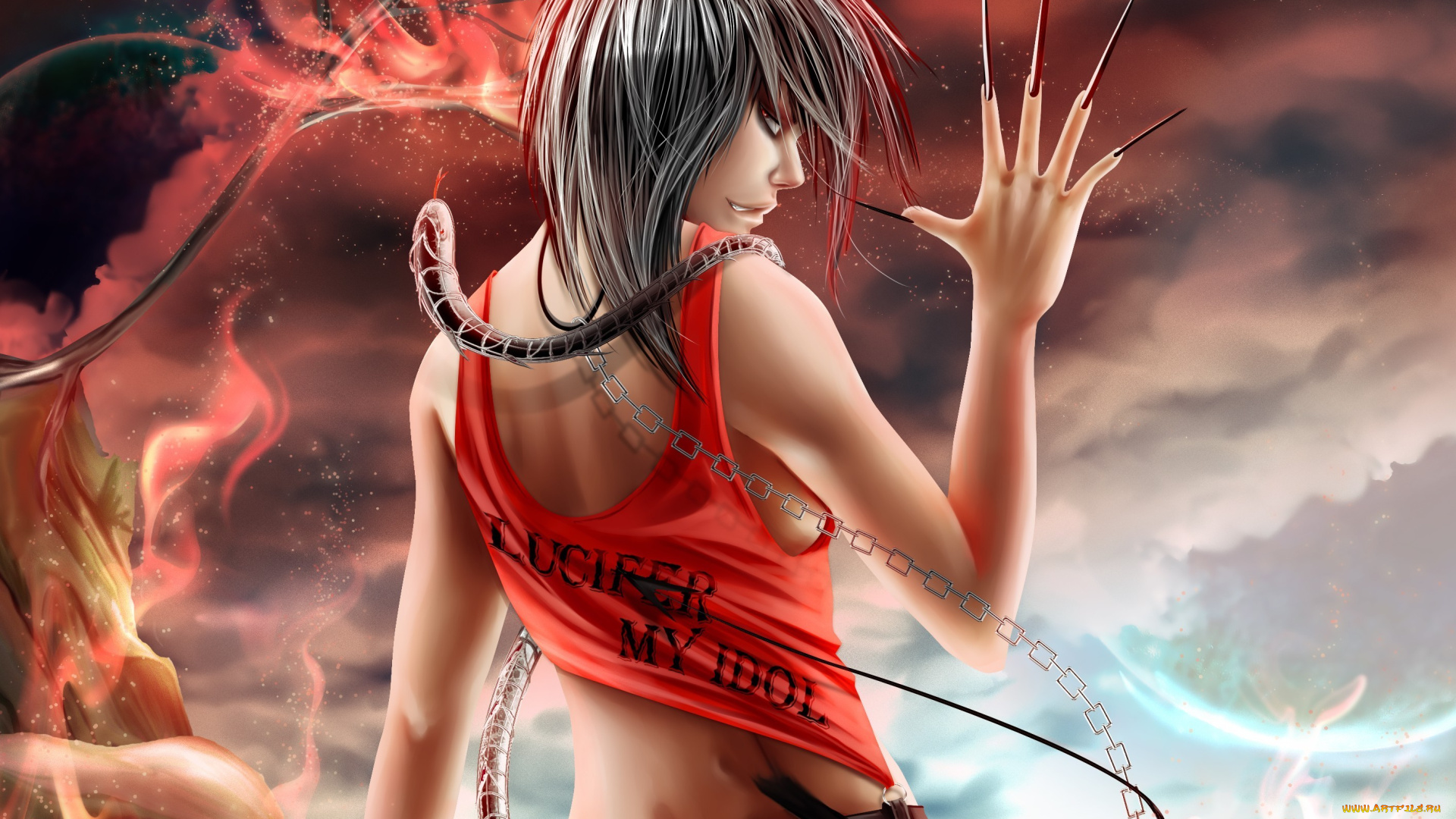 аниме, -angels, &, demons, когти, спиной, демон, ухмылка, хвост, рога, цепь, змея, надпись, змей