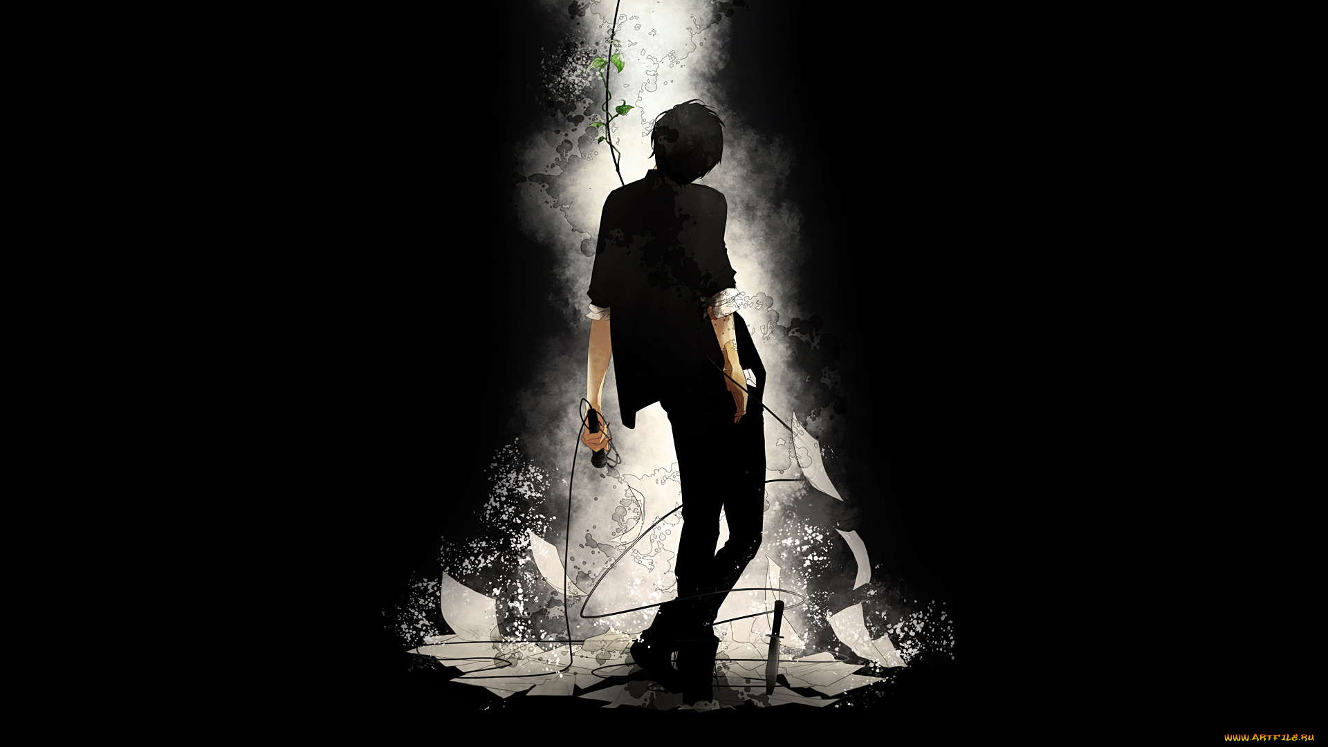 аниме, -headphones, &, instrumental, свет, ветка, листы, нож, микрофон, art, re, парень