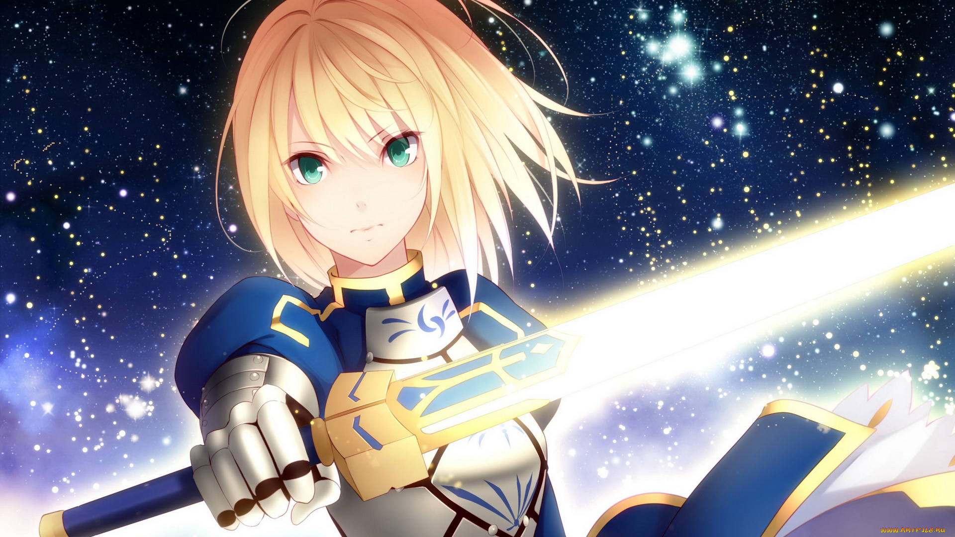 аниме, fate, zero, девушка, взгляд, оружие, звезды