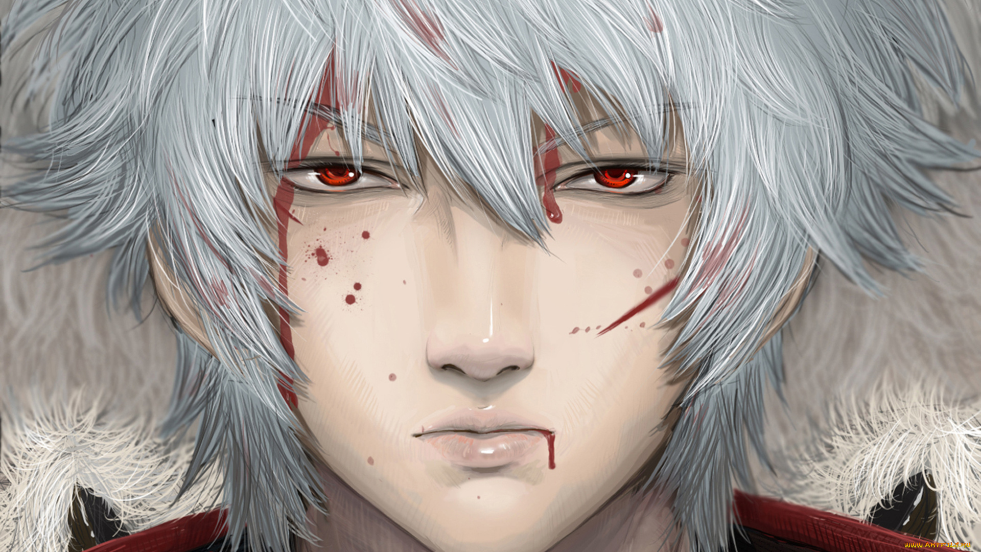 аниме, gintama, красные, глаза, белые, волосы, парень, кровь, sakata, gintoki