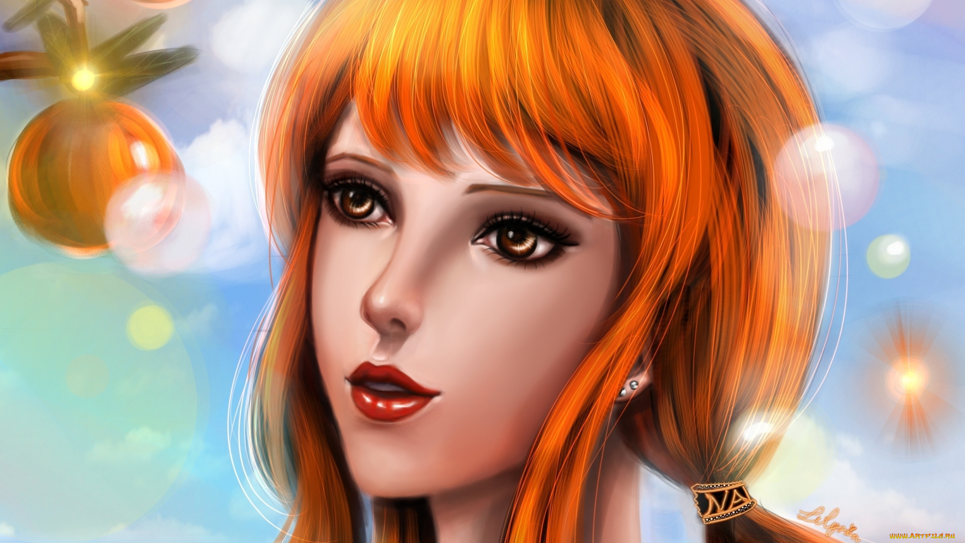 аниме, one, piece, девушка, lilyzou, art, яблоки, ветка, портрет, nami, ван-пис, one, piece