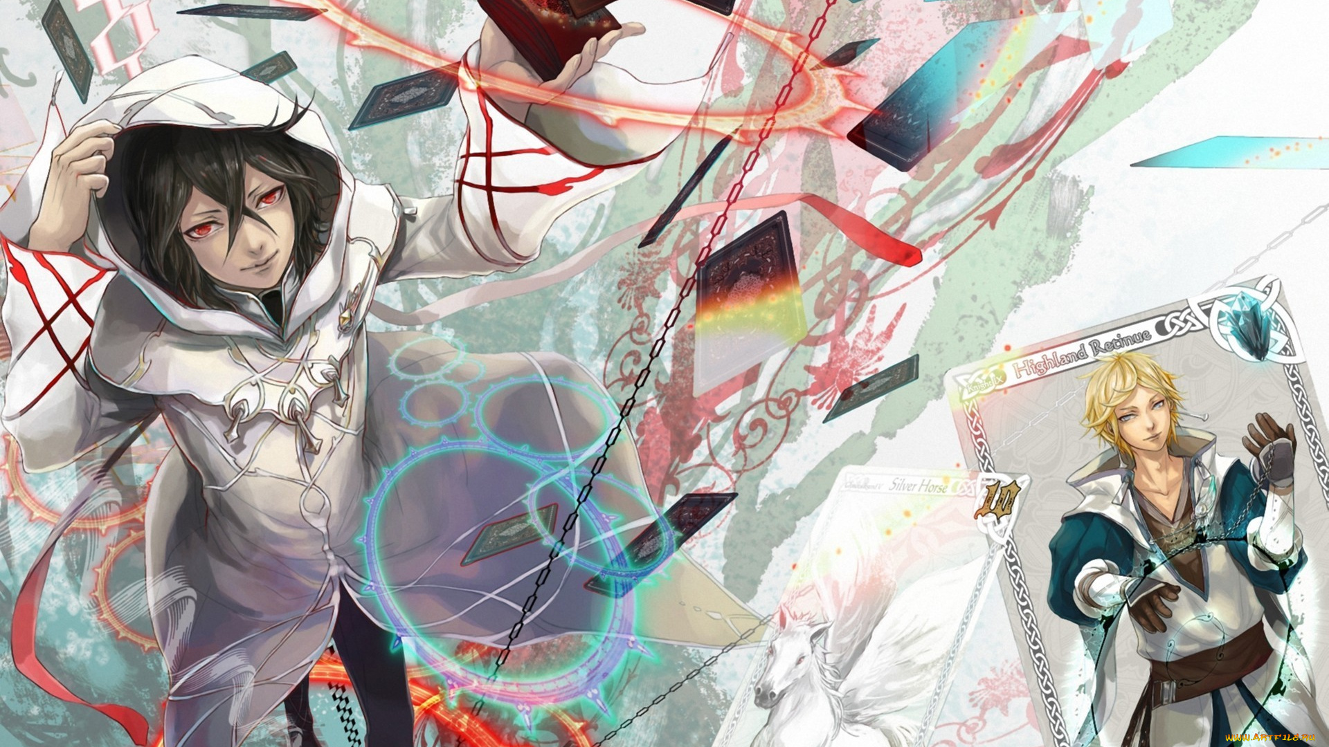 аниме, *unknown, , другое, цепи, карты, взгляд, круги, парень, арт, капюшон, лошадь