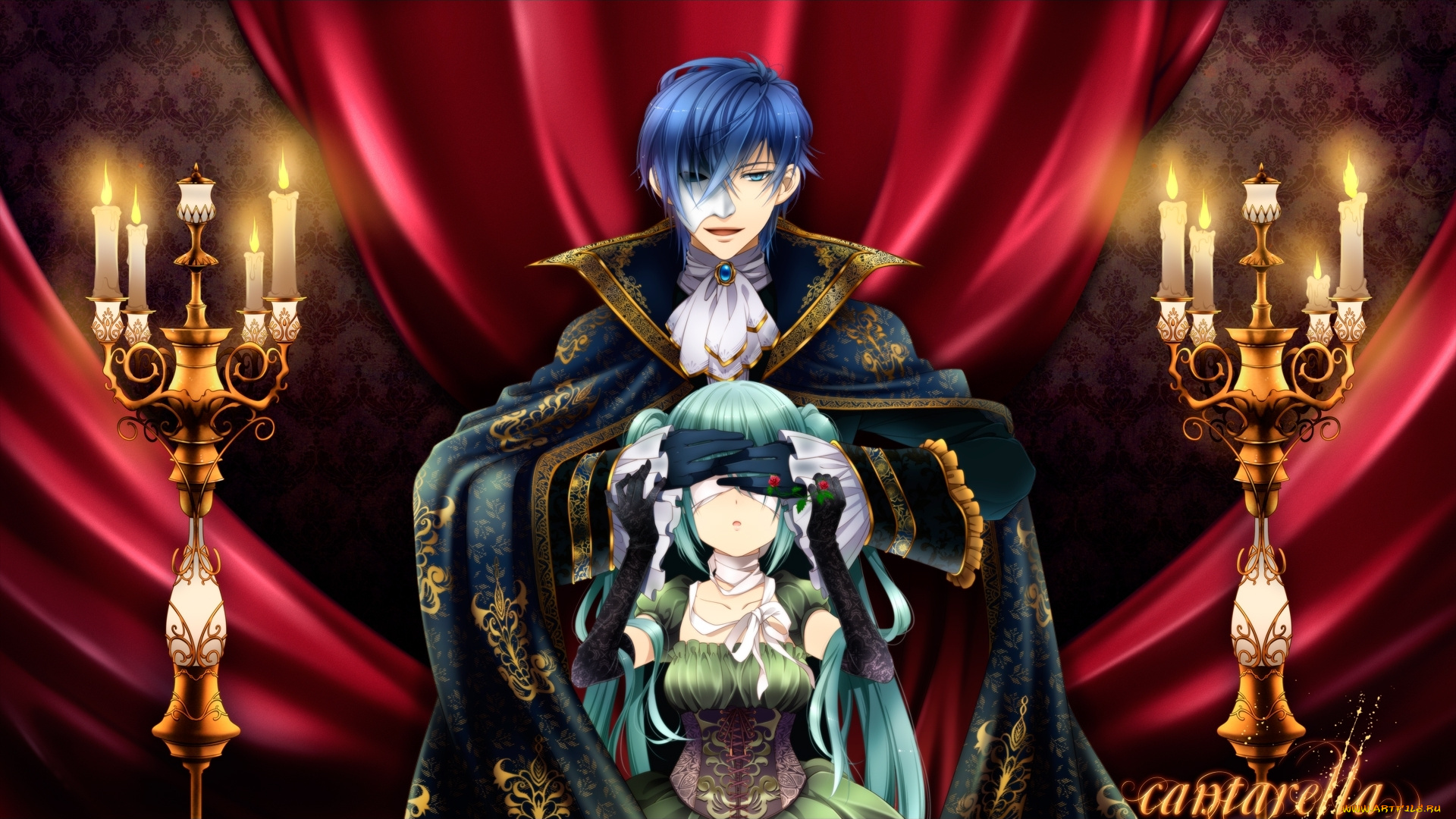 аниме, vocaloid, розы, цветы, перчатки, hatsune, miku, вокалоид, огонь, kaito, маска, свечи, парень, девушка