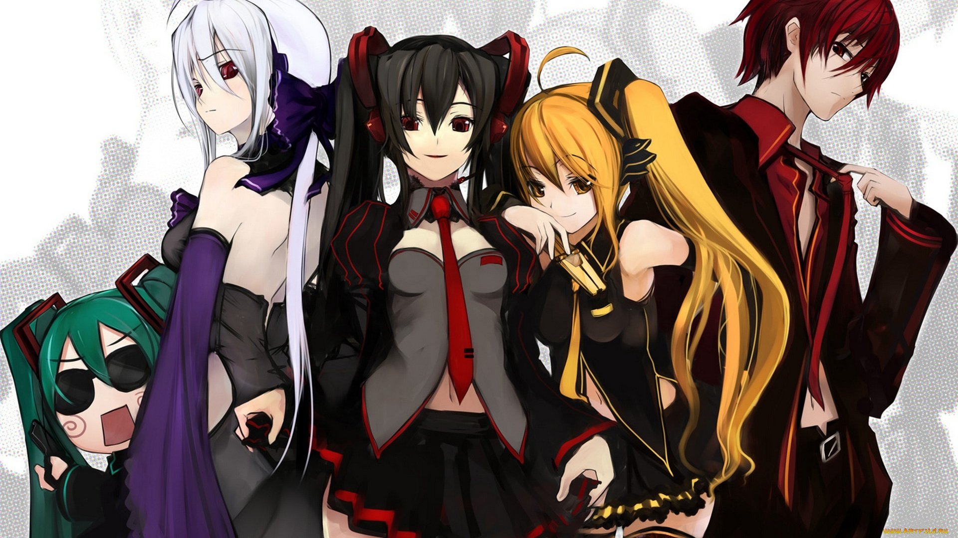 аниме, vocaloid, вокалоид, наушники, pupps, арт, девушки, yowane, haku, парень, akita, neru, hachune, miku, akaito, zatsune, бант, микрофон