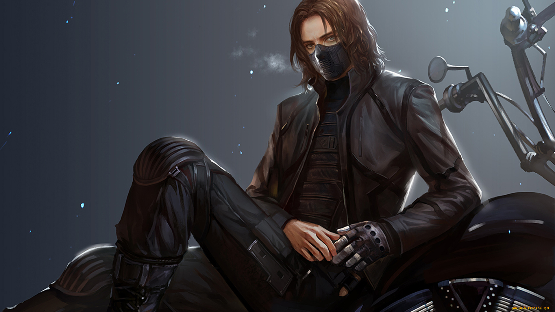 фэнтези, люди, мотоцикл, металлическая, рука, парень, маска, пар