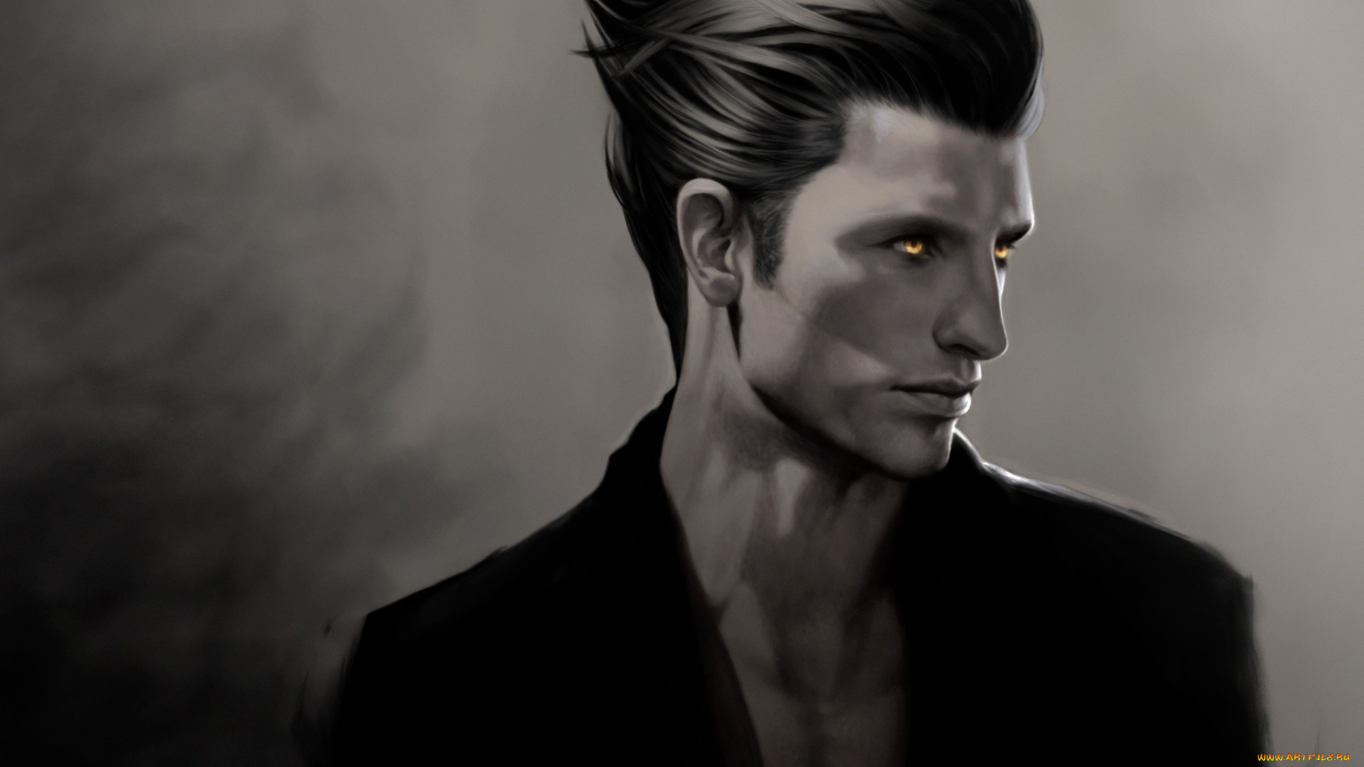 фэнтези, люди, парень, чёрно-белый, зелёные, глаза