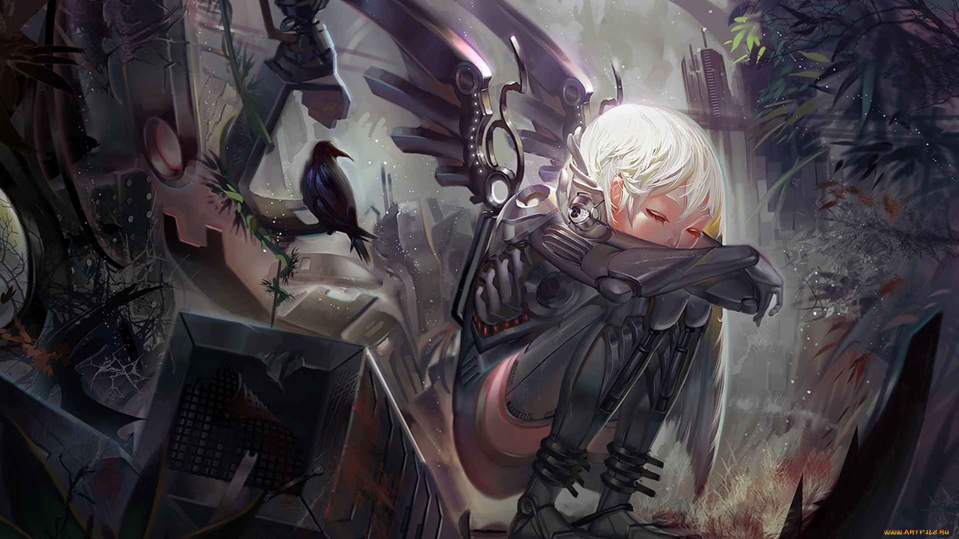 фэнтези, роботы, , киборги, , механизмы, иной, мир, киборг, ангел, ворон