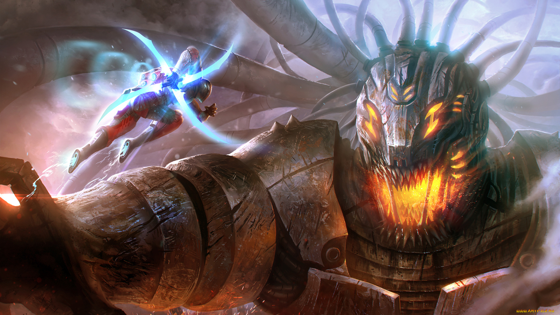 фэнтези, роботы, , киборги, , механизмы, схватка, сражение, робот, киборг, монстр