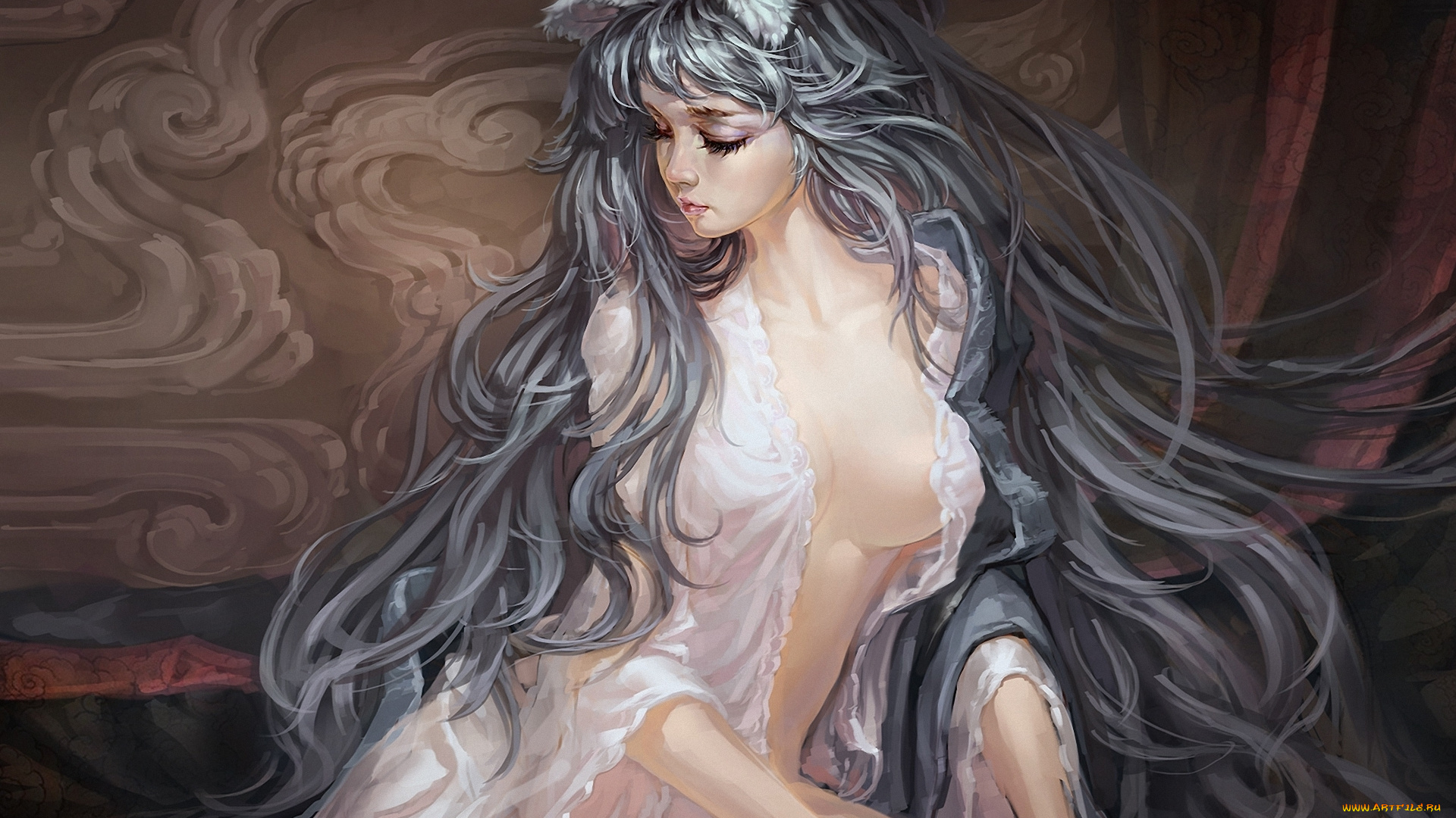 фэнтези, существа, пеньюар, арт, волосы, уши, девушка