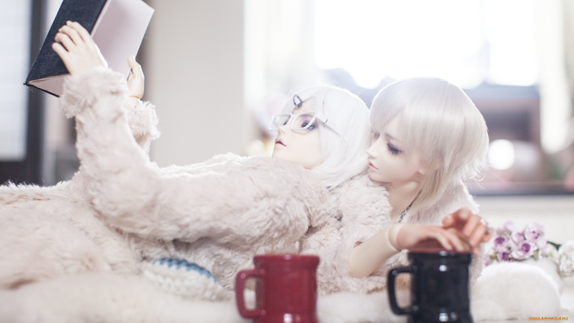 разное, игрушки, bjd, doll, парни, белые, волосы, книга, чашка, чашки, цветы, очки