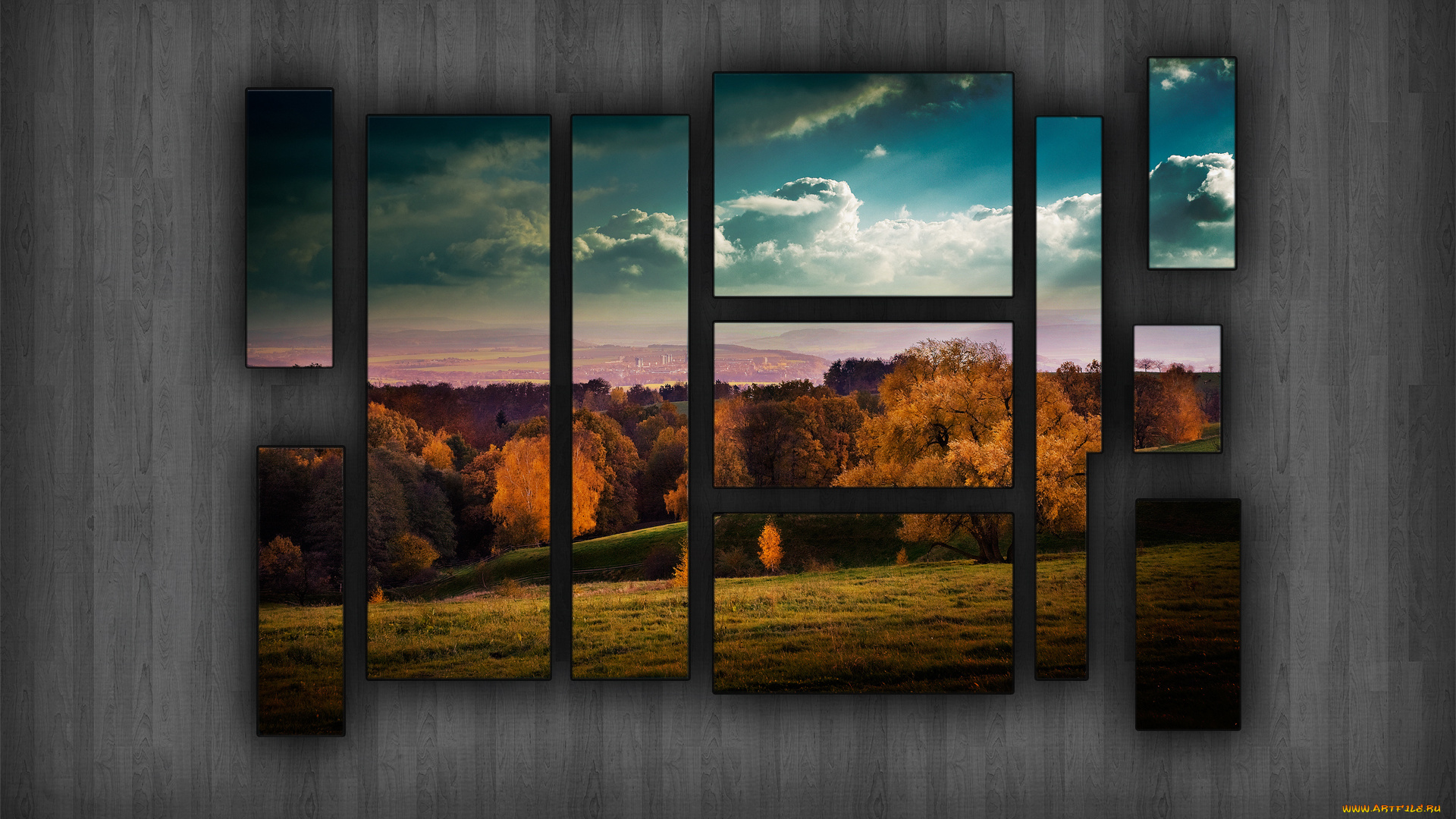 разное, компьютерный, дизайн, природа, стена, поляна, луг, деревья, облака, небо, осень, картины, пейзаж