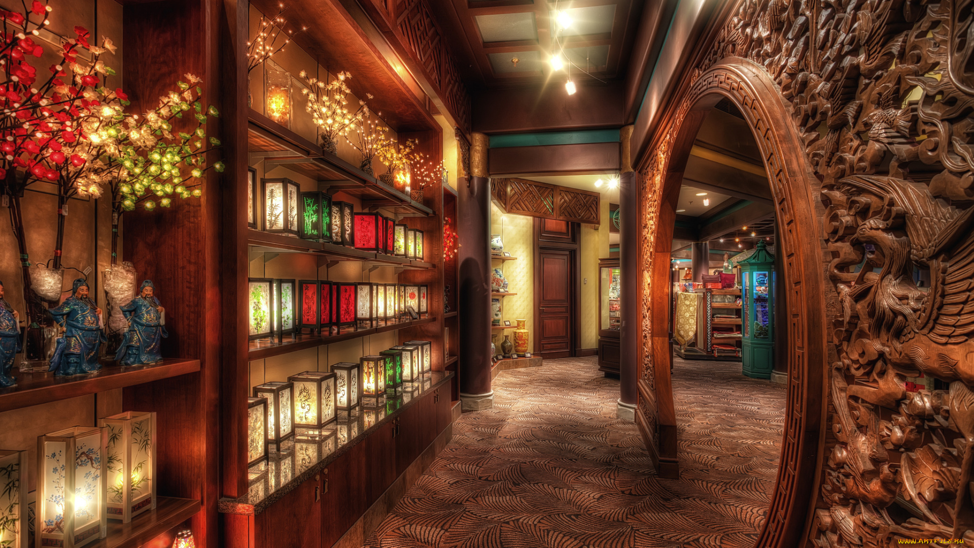 the, door, of, good, fortune, интерьер, -, другое, фонарики, книги, стелажи, комнаты