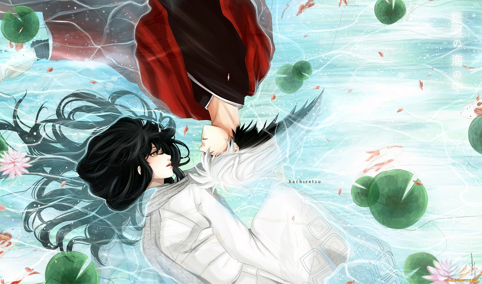 аниме, nurarihyon, no, mago, двое, пара, рыбы, арт, oikawa, tsurara, вода, девушка, yuki, onna, парень, nura, rikuo, внук, нурарихёна, nurarihyon, no, mago, humonster, кувшинки, шарф, нура, рикуо, цветы