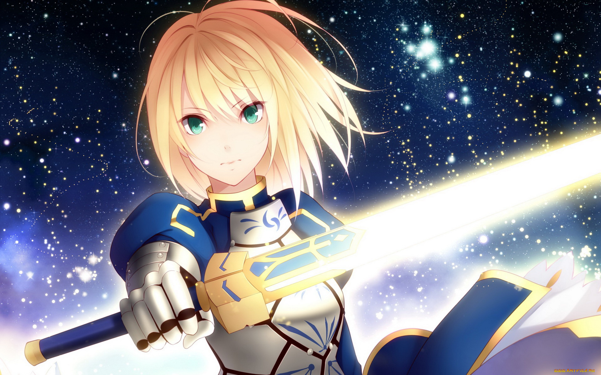 аниме, fate, zero, девушка, взгляд, оружие, звезды