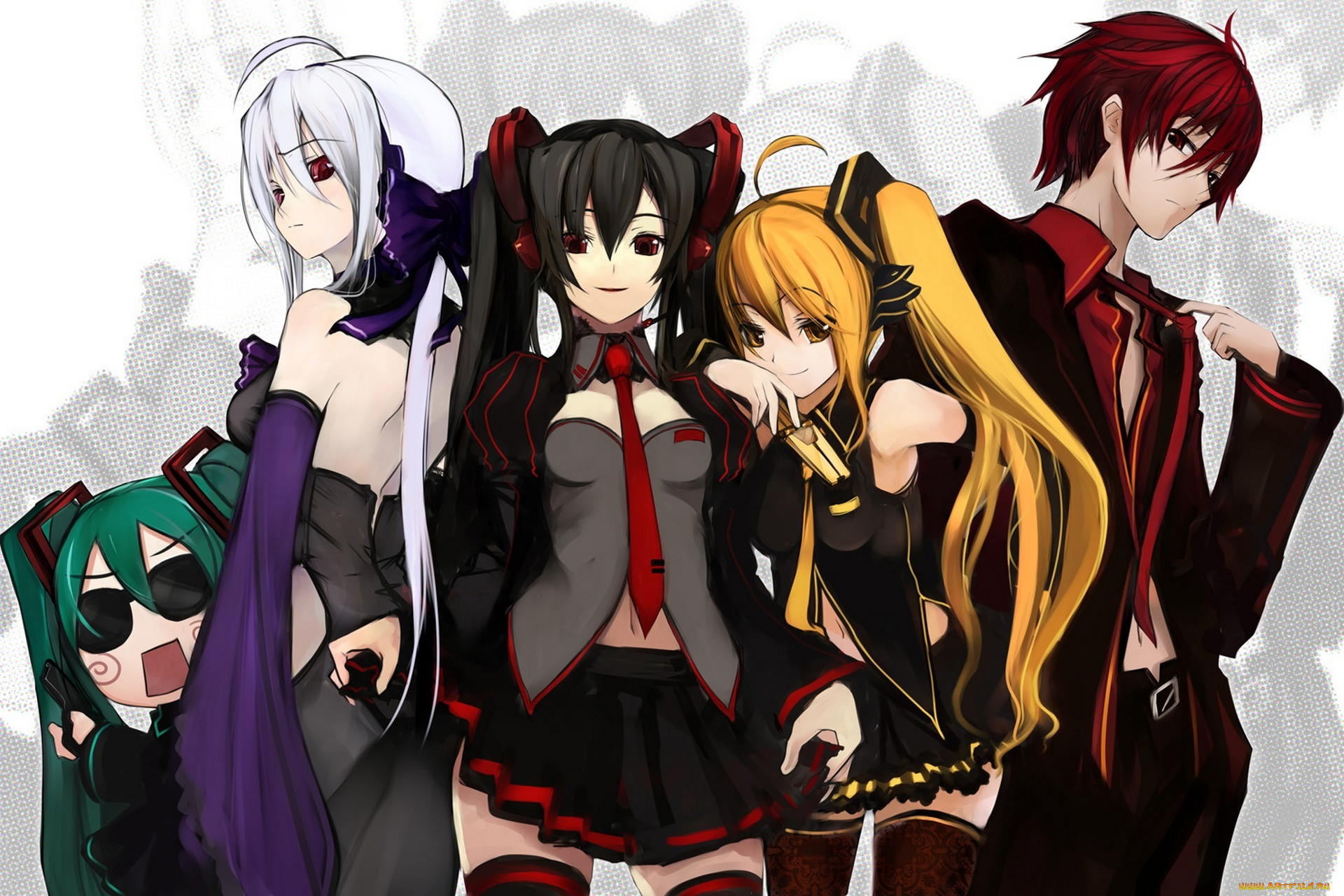 аниме, vocaloid, вокалоид, наушники, pupps, арт, девушки, yowane, haku, парень, akita, neru, hachune, miku, akaito, zatsune, бант, микрофон