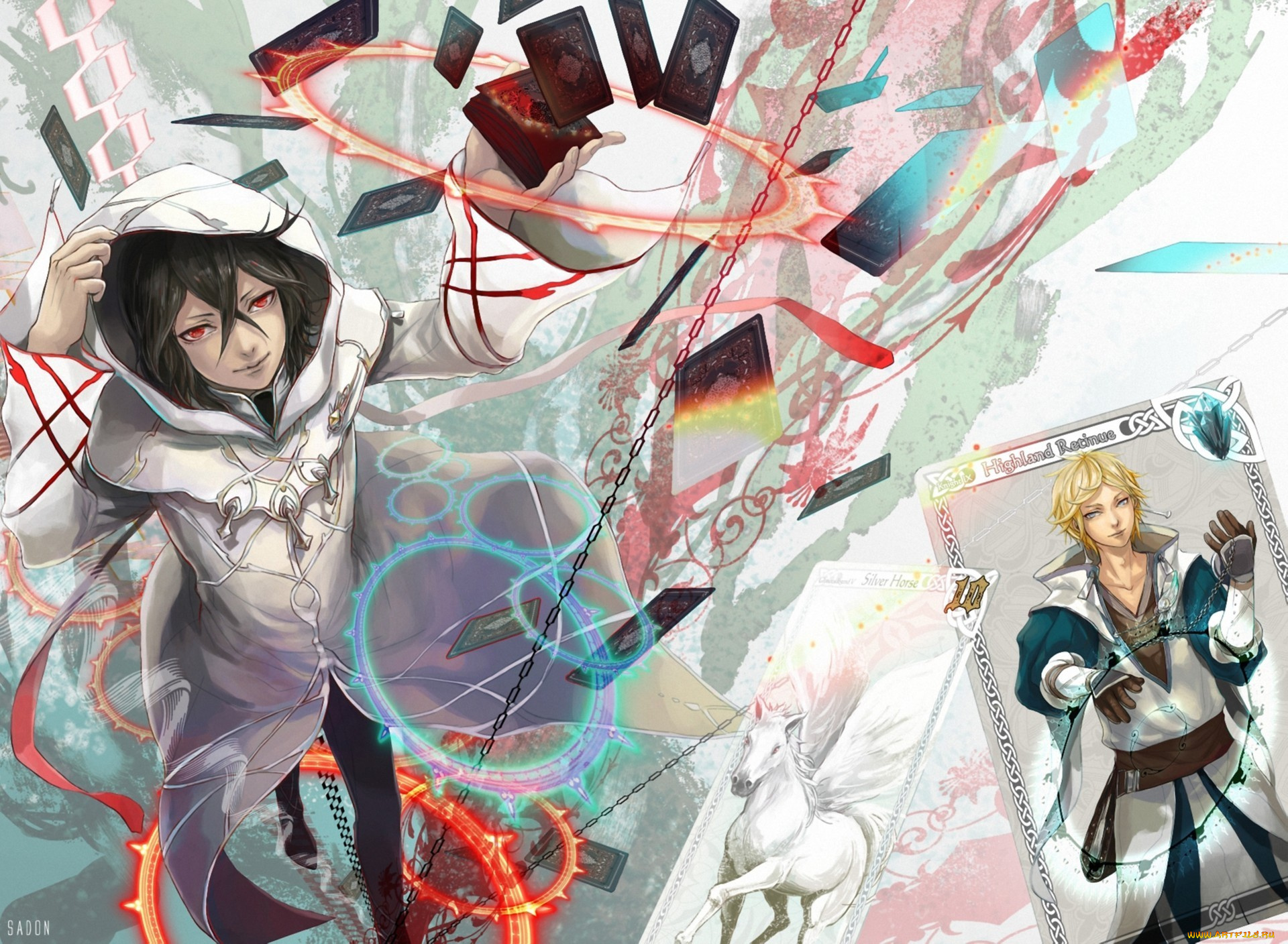аниме, *unknown, , другое, цепи, карты, взгляд, круги, парень, арт, капюшон, лошадь