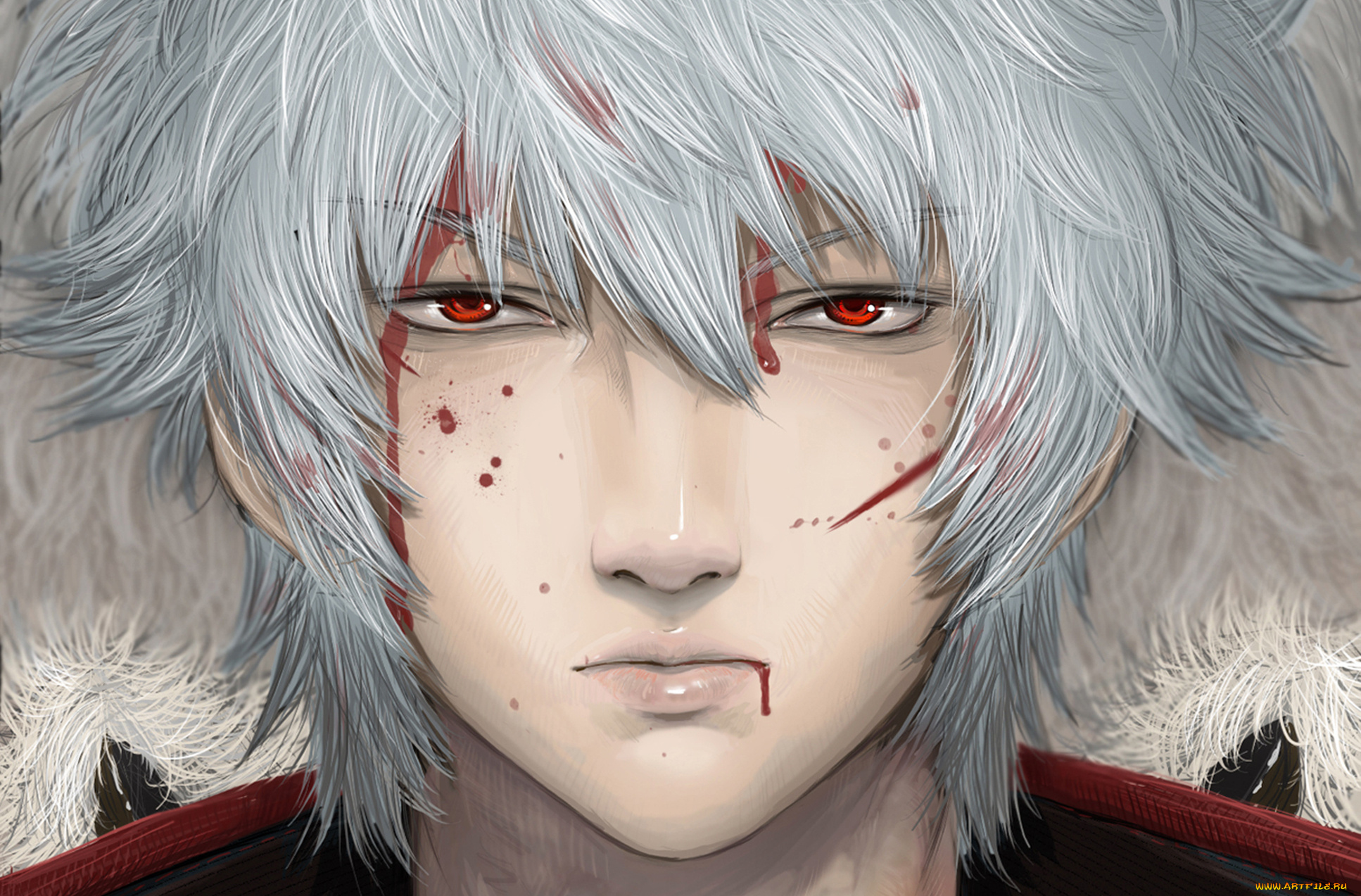 аниме, gintama, красные, глаза, белые, волосы, парень, кровь, sakata, gintoki