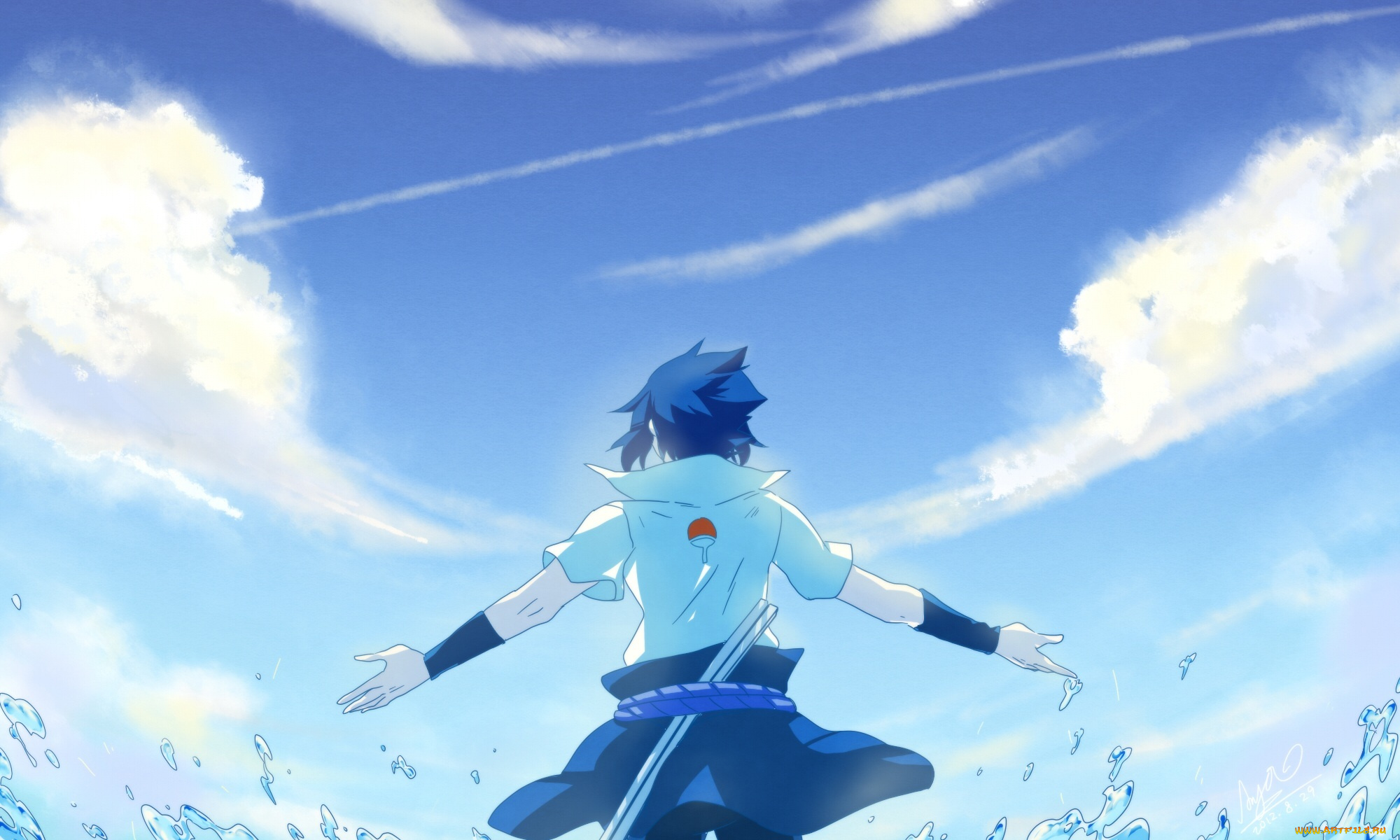 аниме, naruto, море, стоит, саске, парень, art, брызги