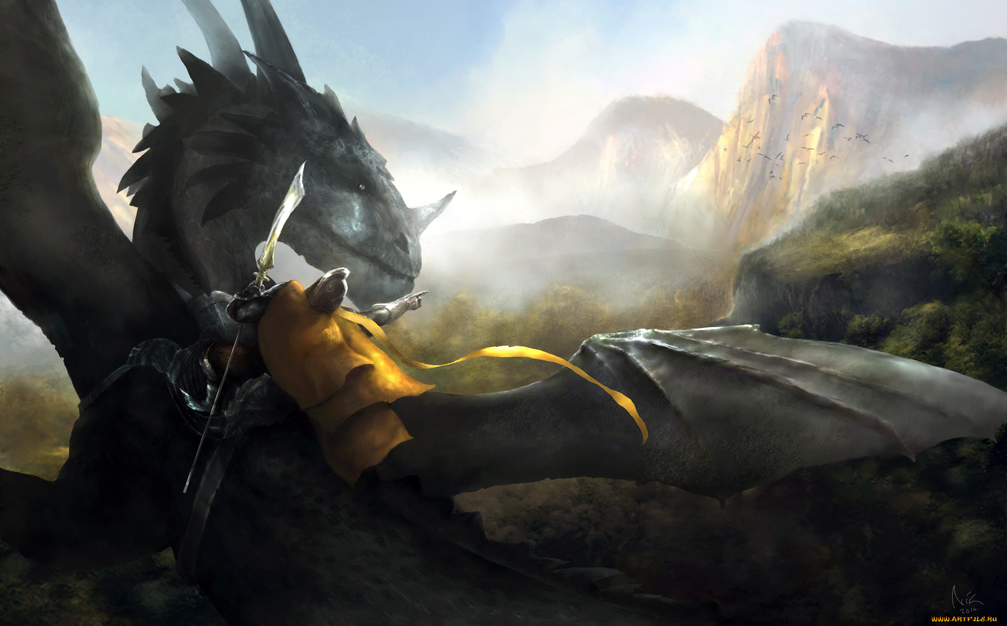 фэнтези, драконы, дракон, арт, всадник, копье