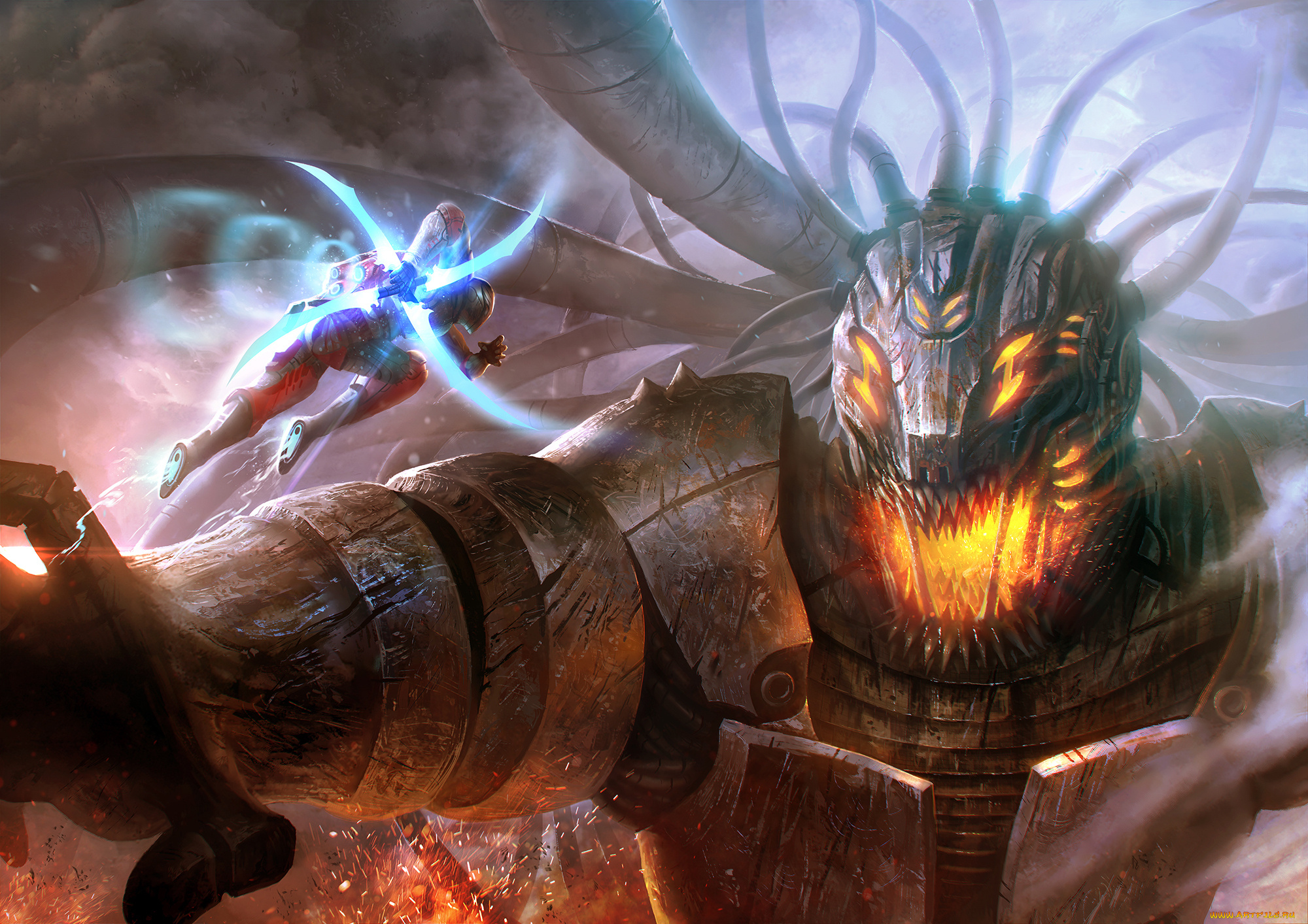 фэнтези, роботы, , киборги, , механизмы, схватка, сражение, робот, киборг, монстр