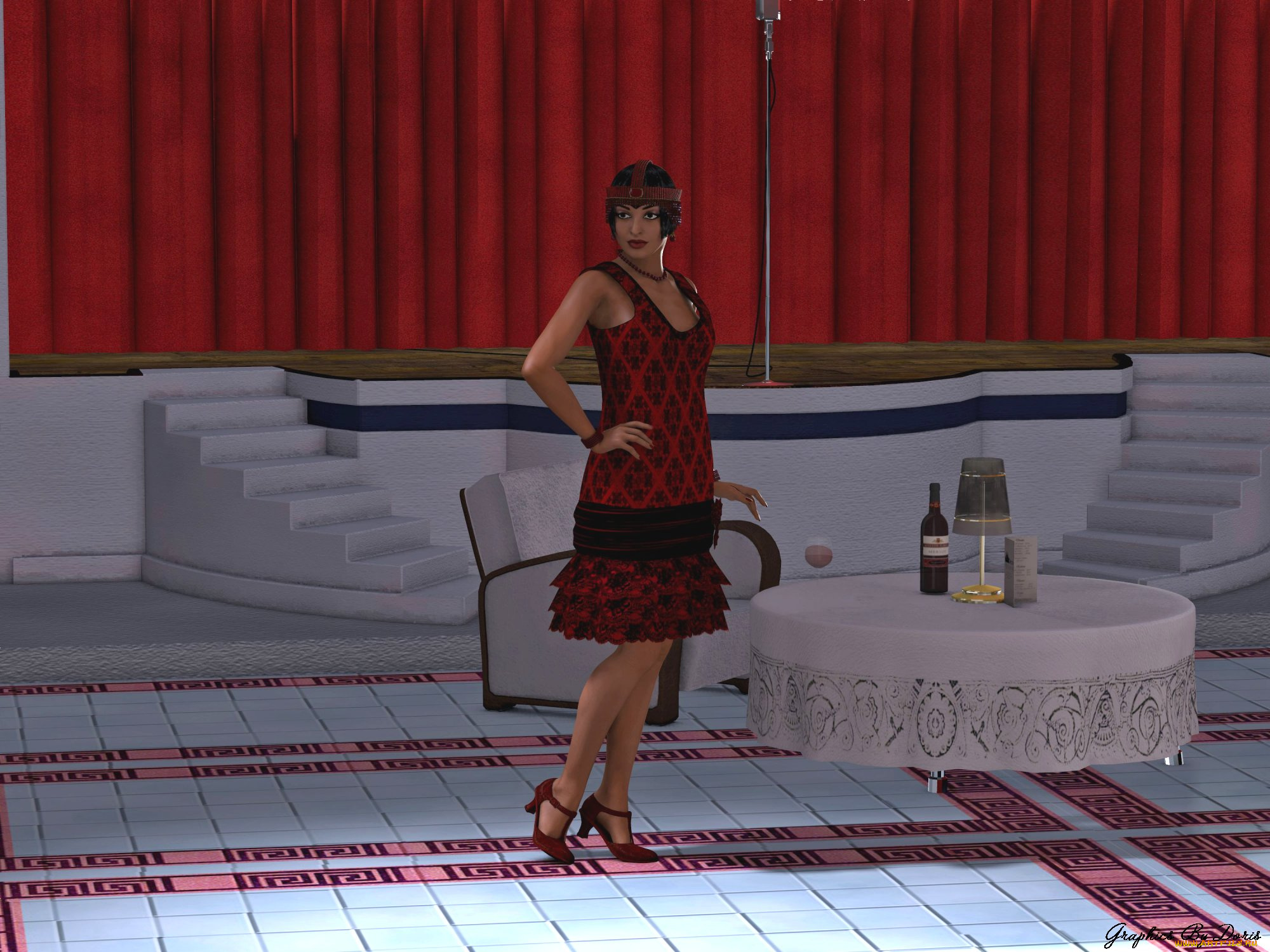 3д, графика, people, , люди, девушка, вино, столик, платье, взгляд