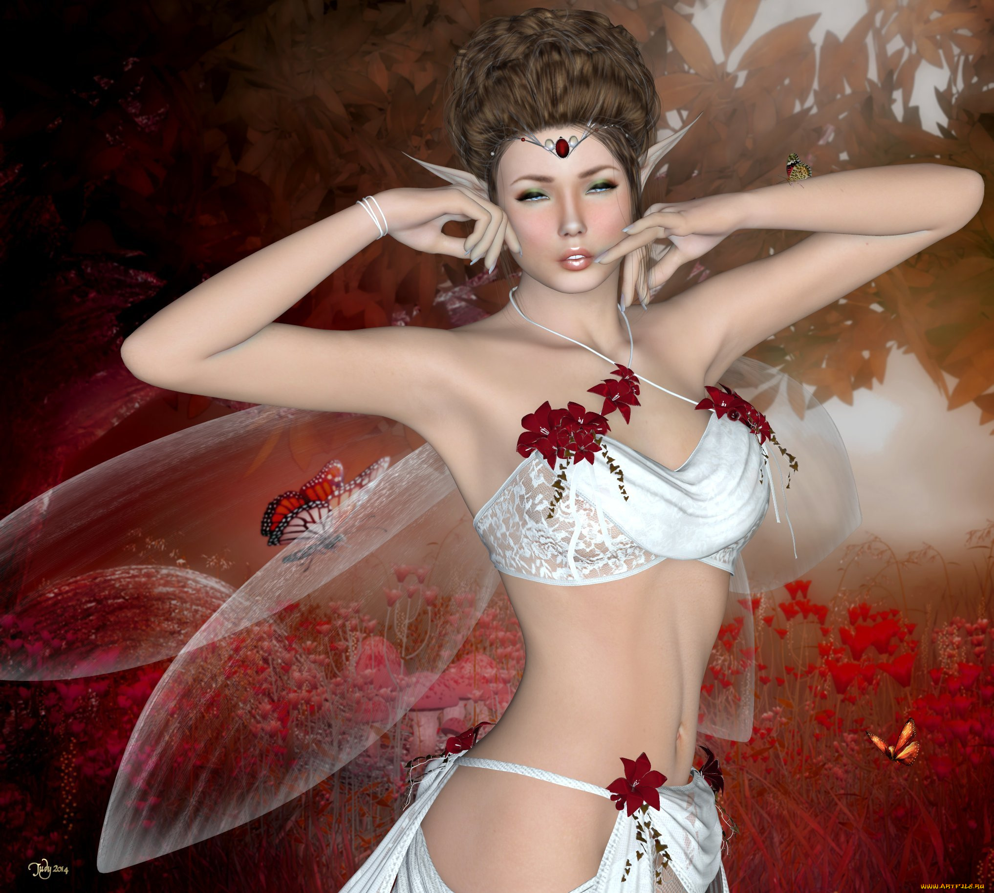 3д, графика, elves, , эльфы, крылья, цветы, эльфийка, взгляд