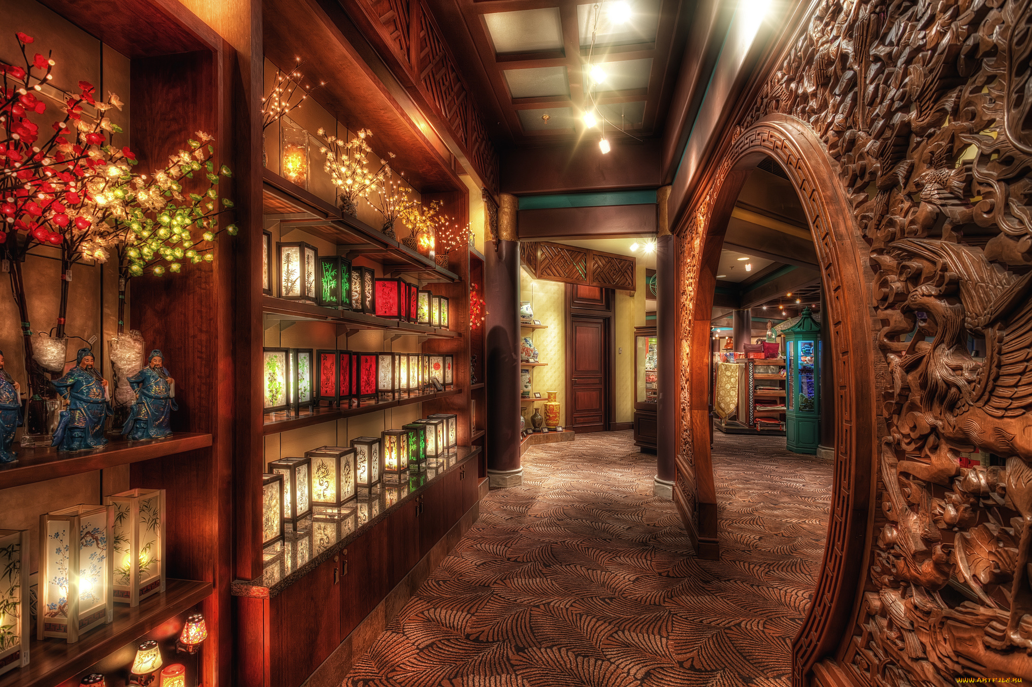 the, door, of, good, fortune, интерьер, -, другое, фонарики, книги, стелажи, комнаты