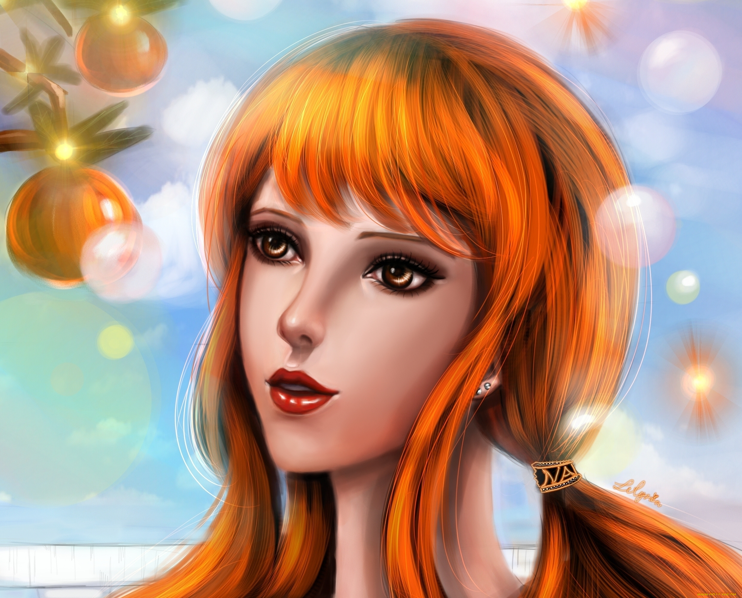 аниме, one, piece, девушка, lilyzou, art, яблоки, ветка, портрет, nami, ван-пис, one, piece