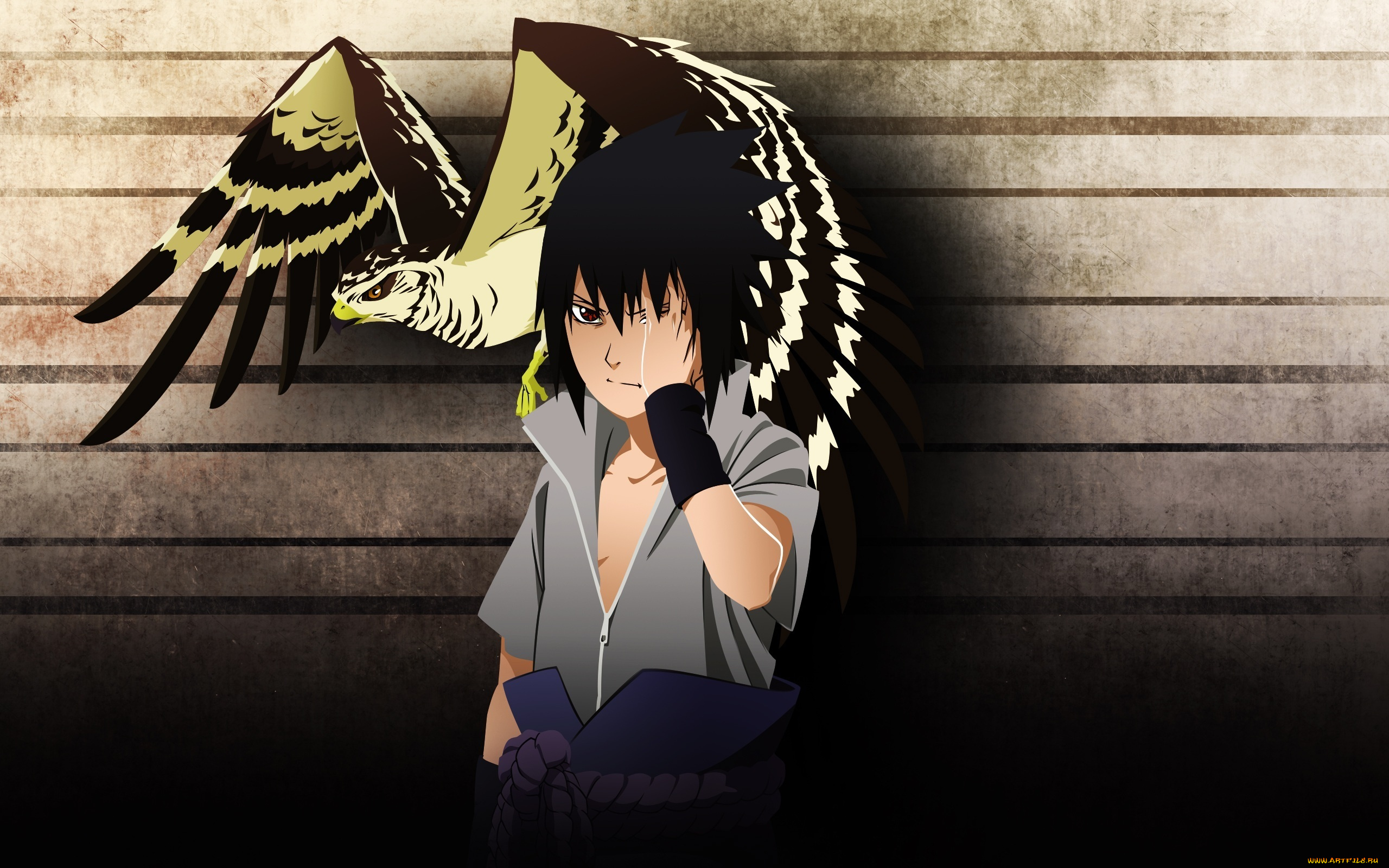 аниме, naruto, саске, мangekyou, sharingan, art, ястреб, птица