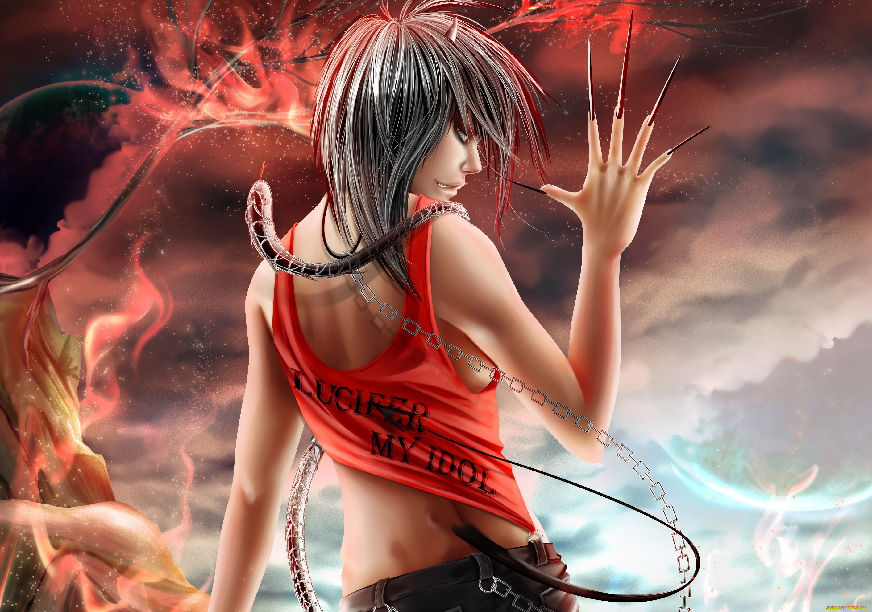 аниме, -angels, &, demons, когти, спиной, демон, ухмылка, хвост, рога, цепь, змея, надпись, змей